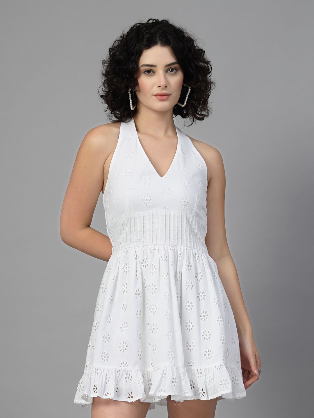 

JEFF COOPER Women Halter Neck A-Line Smocked Schiffli Mini Dress, White