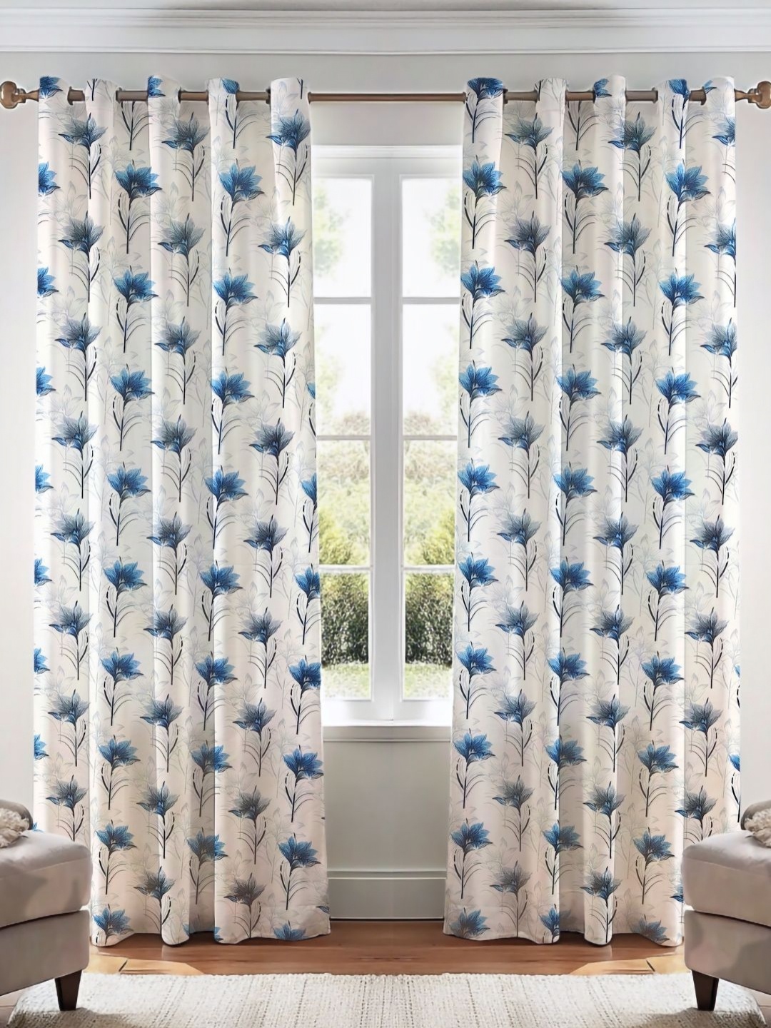 

Kanodia Poly Fab Blue & White Set of 2 Floral Door Curtain