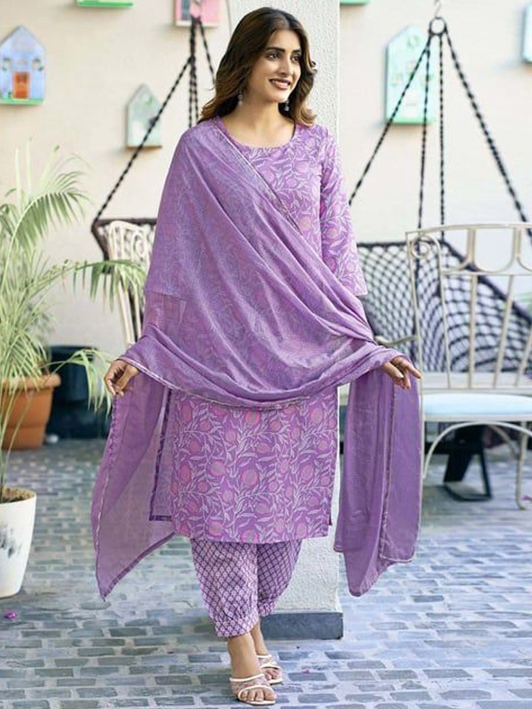 

Parth Fab Women Floral Printed Regular Kantha Work Pure Cotton Kurta with Salwar & With Dupatta, Lavender