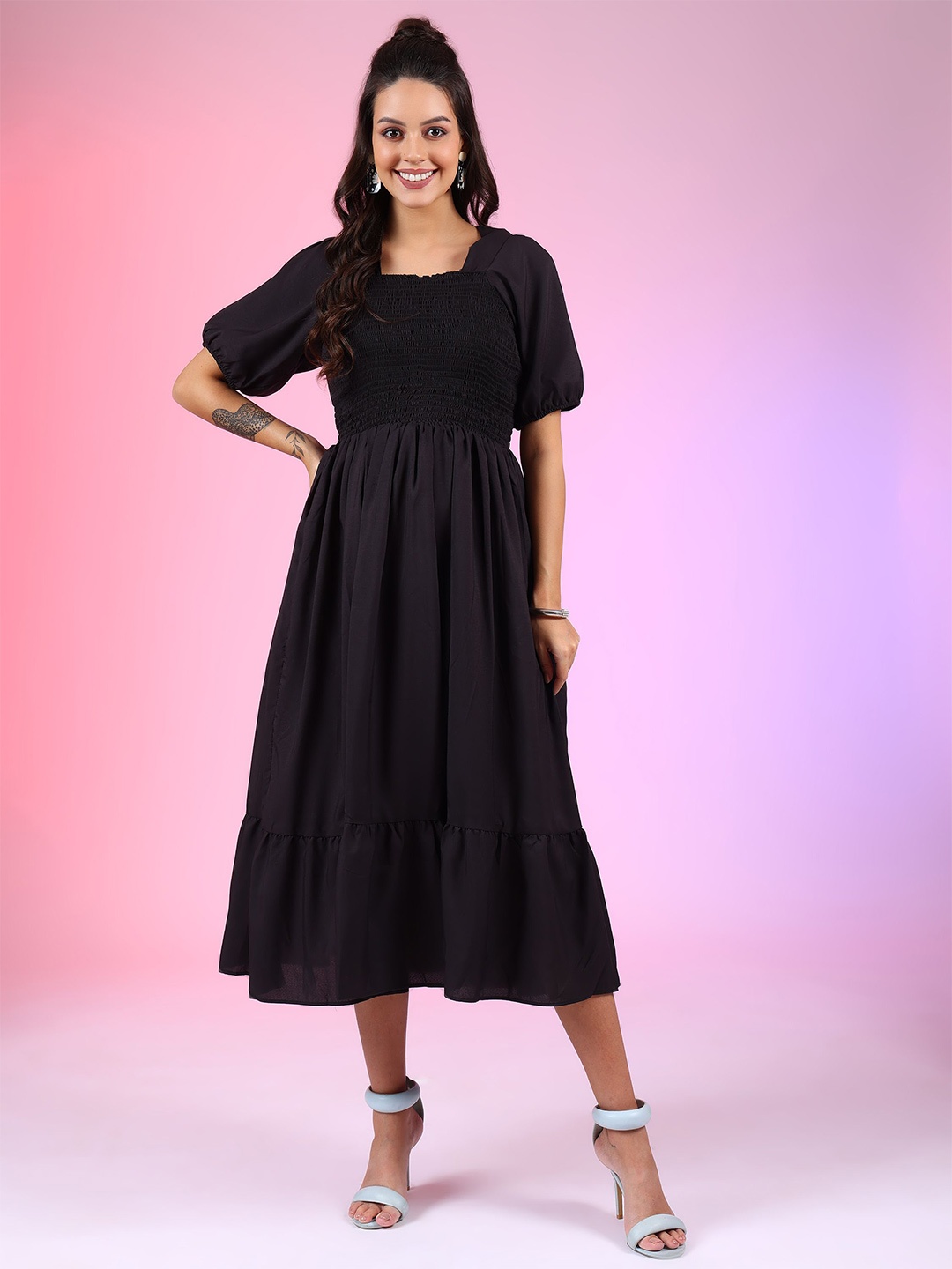 

Raiyani Fashion Puff Sleeve Smocked Detail Fit & Flare Midi Dress, Black