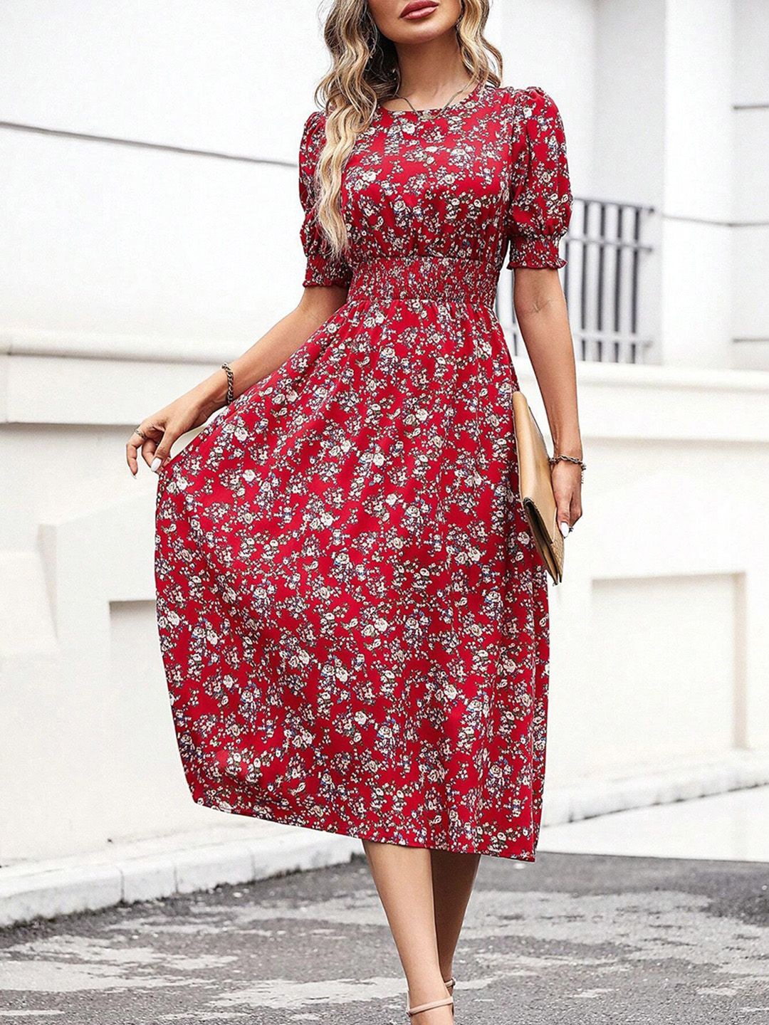 

JC Mode Floral Print Puff Sleeve Fit & Flare Midi Dress, Red