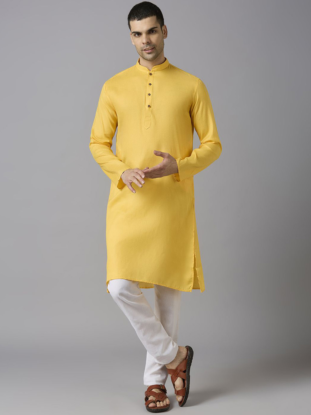 

John Philips Men Thread Work Pathani Kurta, Yellow