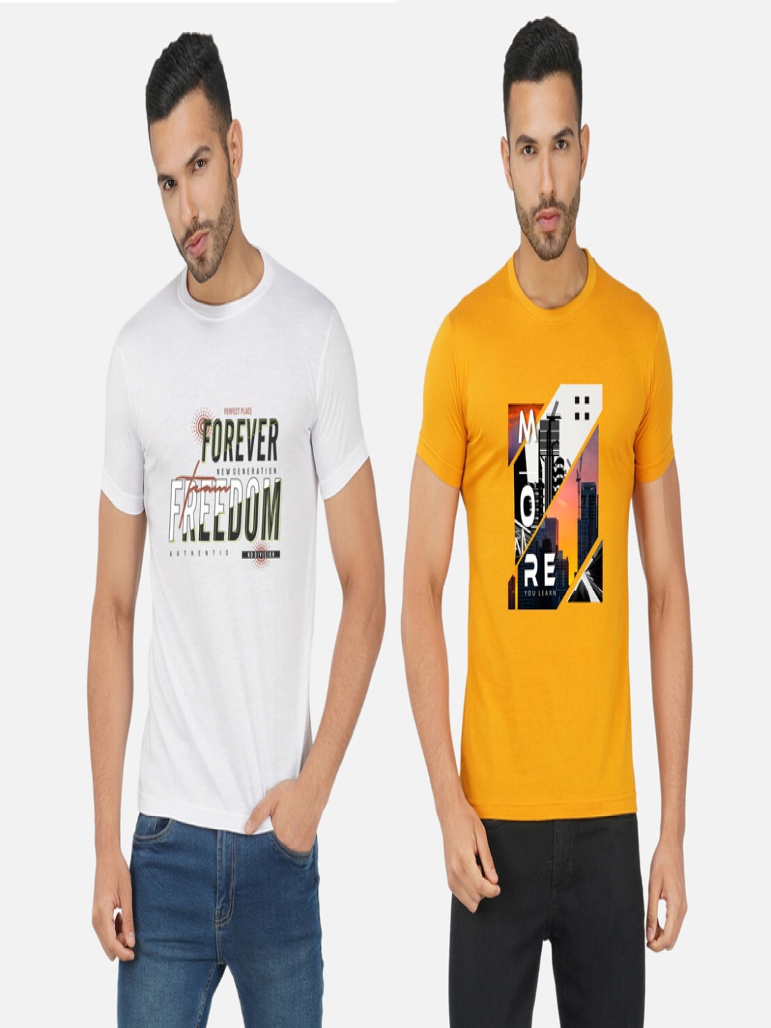 

GLOBAL NOMAD Men 2 Printed Bio Finish Applique T-shirt, Mustard