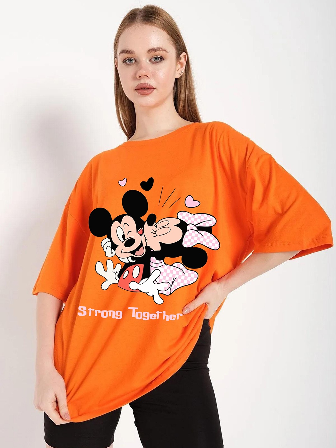 

RAYACLOSET Women Printed Extended Sleeves T-shirt, Orange