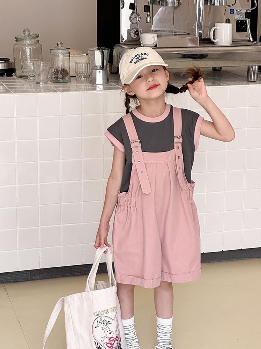 

LULU & SKY Girls Folded Hem Dungaree, Pink