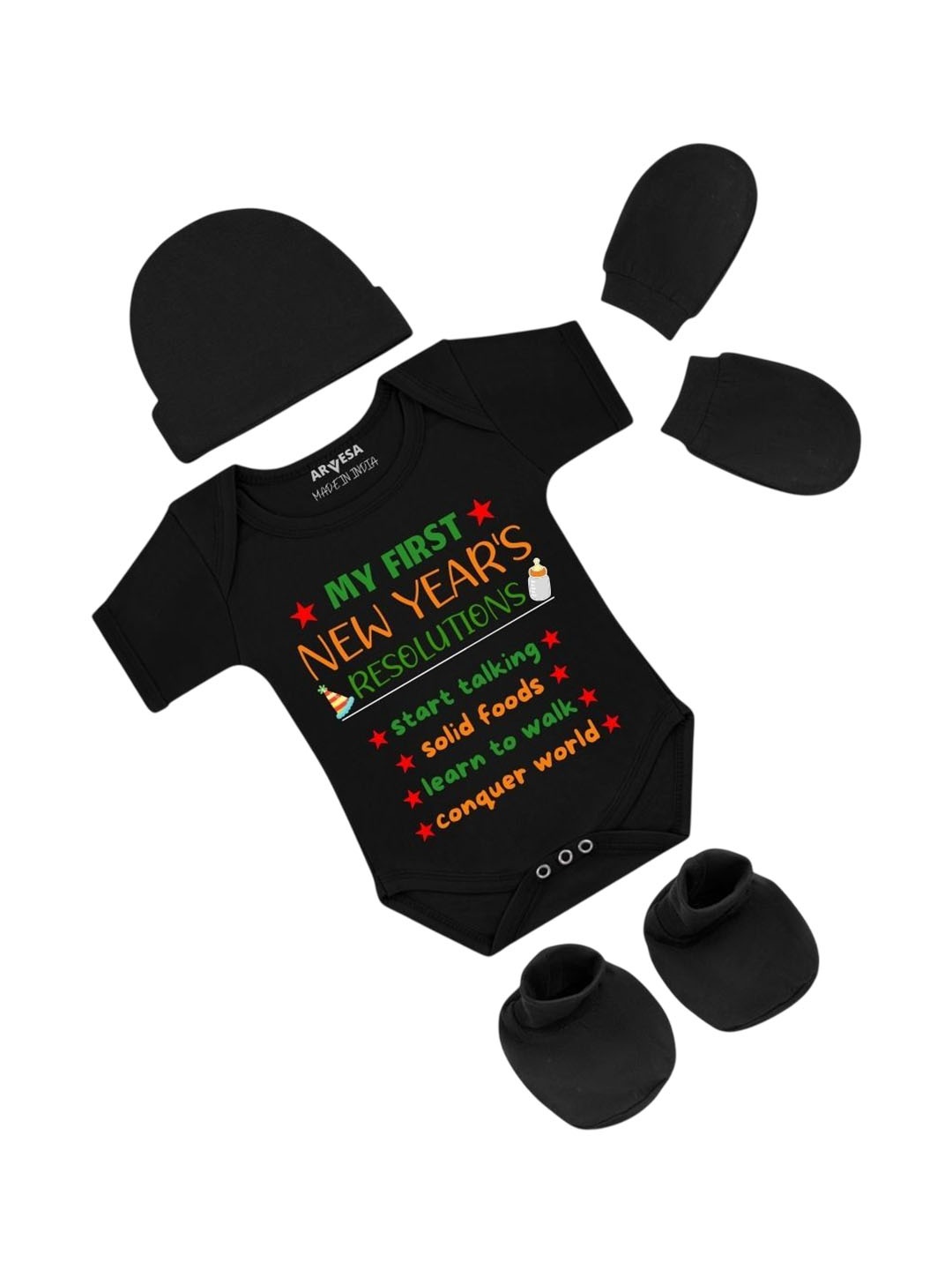 

Arvesa Infants My First New Year Printed Bodysuit with Cap Booties Mitten, Black
