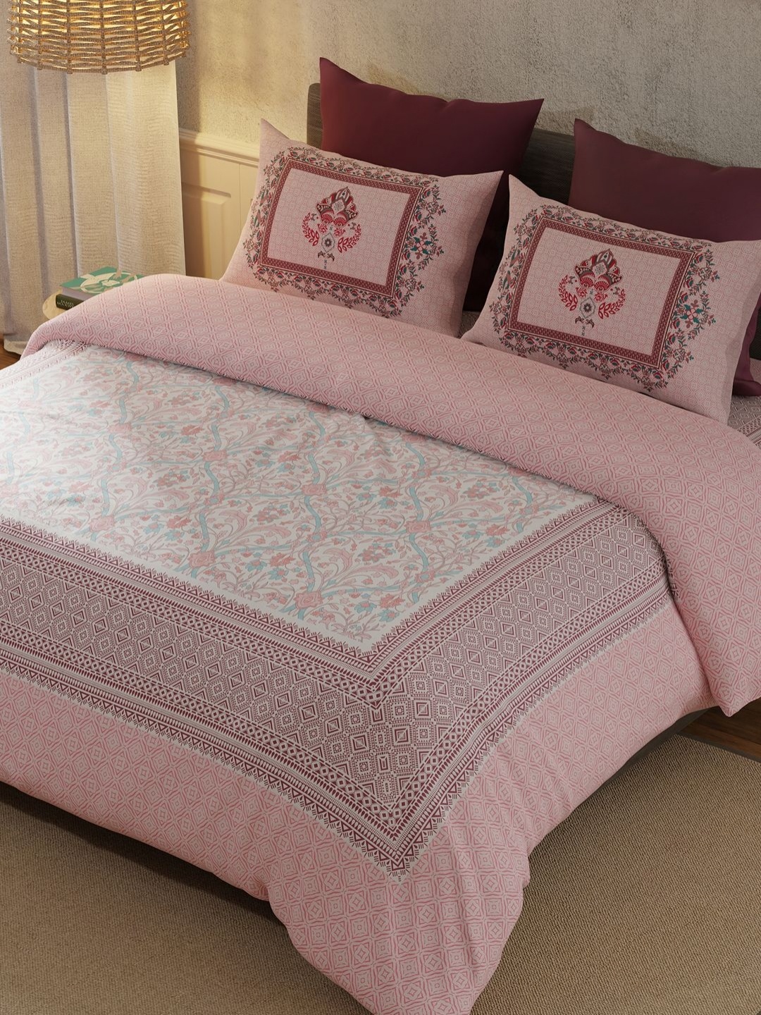 

BELLA CASA Pink & Blue Ethnic Motifs 210 TC King Bedsheet with 2 Pillow Covers
