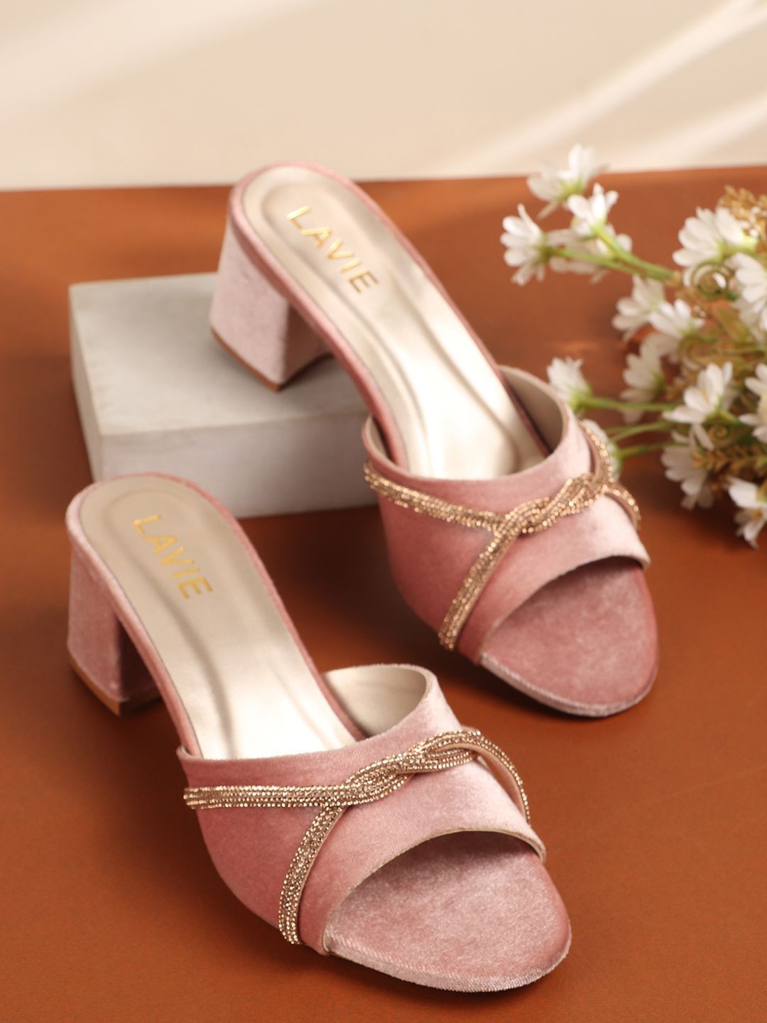 

Lavie Velvet Party Block Sandals, Rose gold