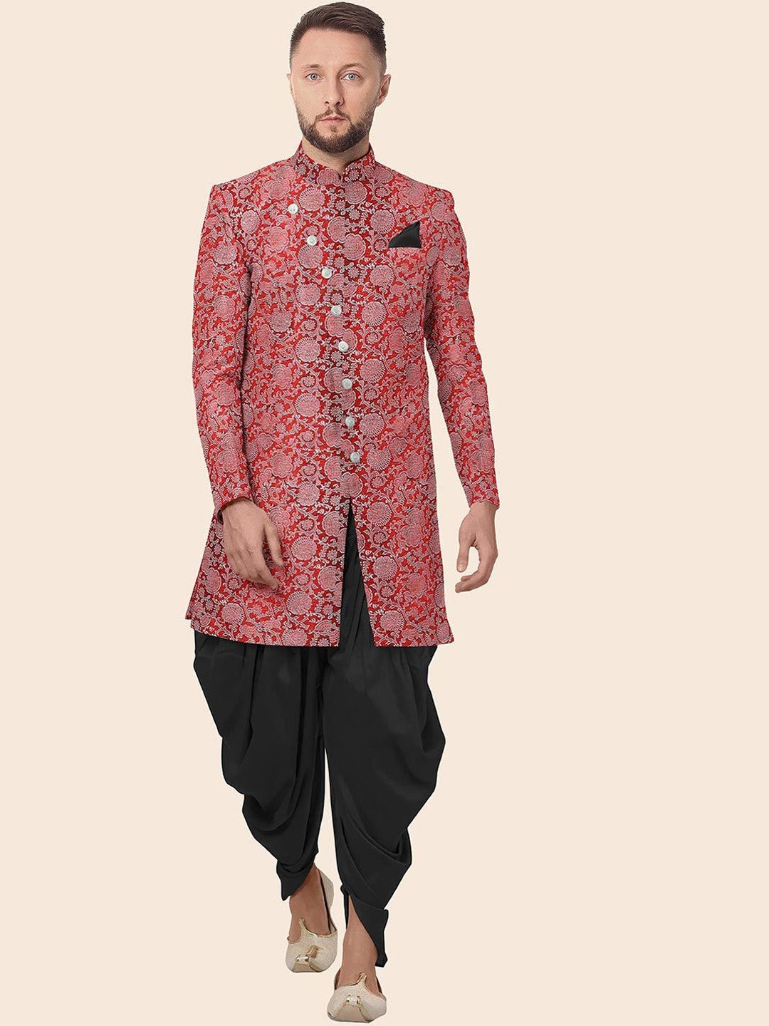

Utsav Fashion Block Printed Art Silk Sherwani Set, Red