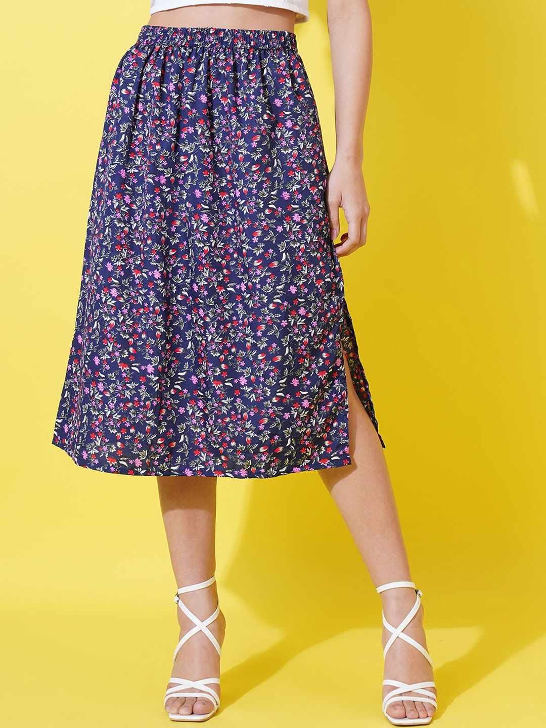 

GUDWEARS Floral Printed A-Line Midi Skirt, Navy blue