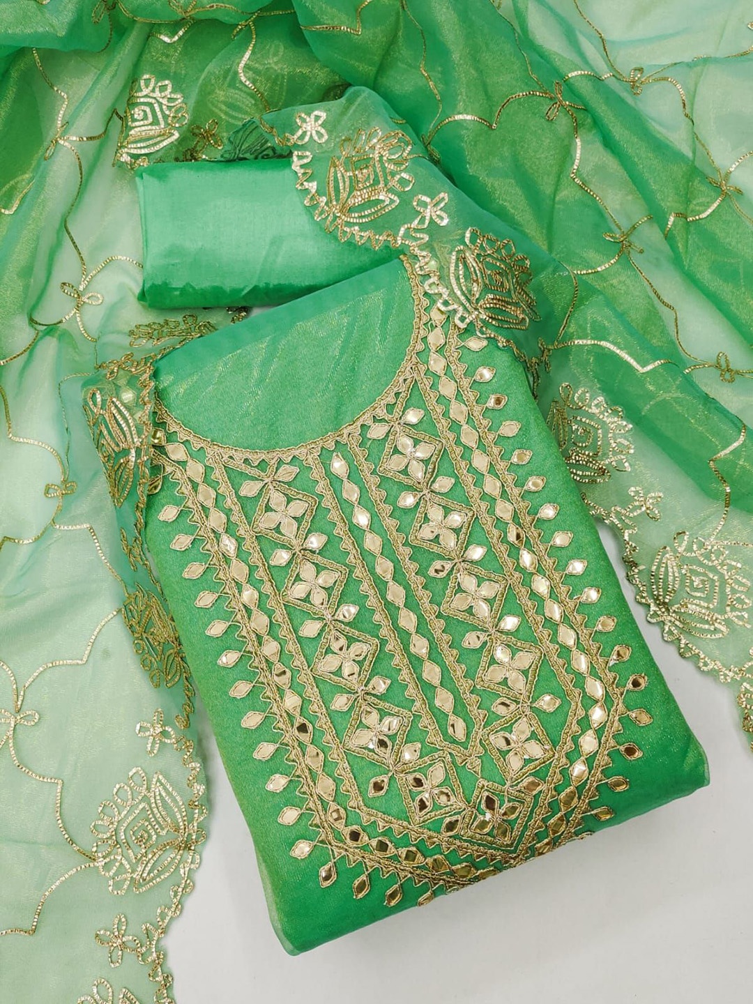 

BlissFlair Organza Unstitched Dress Material, Green