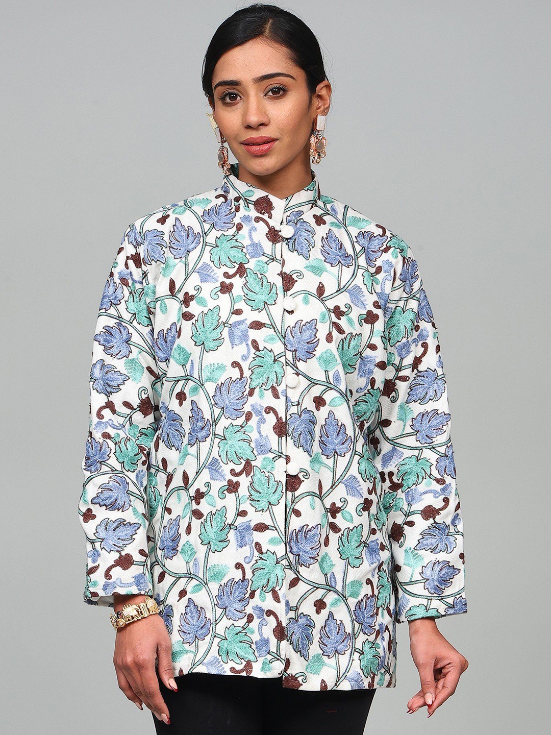

Exotic India Women Floral Woollen Longline Tailored Jacket with Embroidered, White