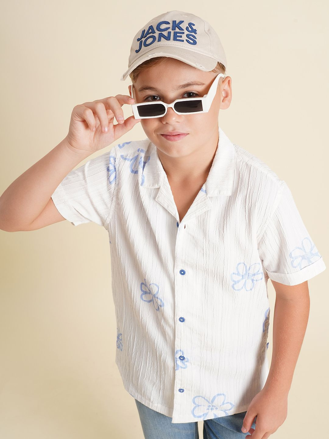 

Jack & Jones Junior Boys Cuban Collar Floral Printed Cotton Casual Shirt, White