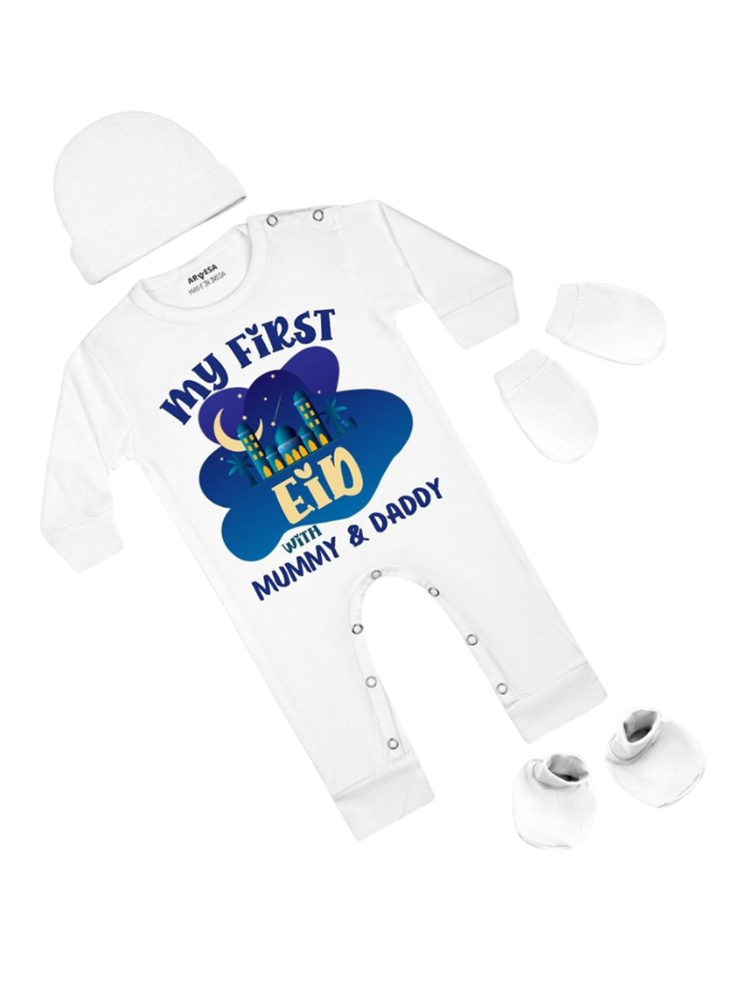 

Arvesa Infants My First Eid Printed Bodysuit with Cap Booties Mitten, White