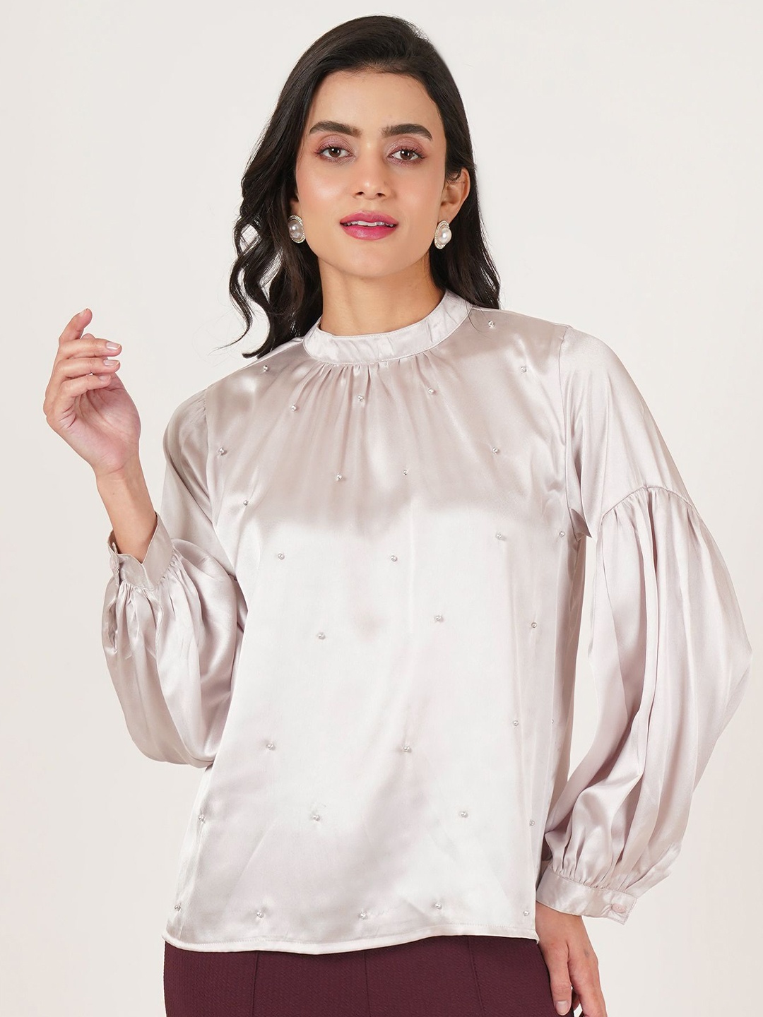 

U&F Embellished Choker Neck Puff Sleeve Satin Top, Grey