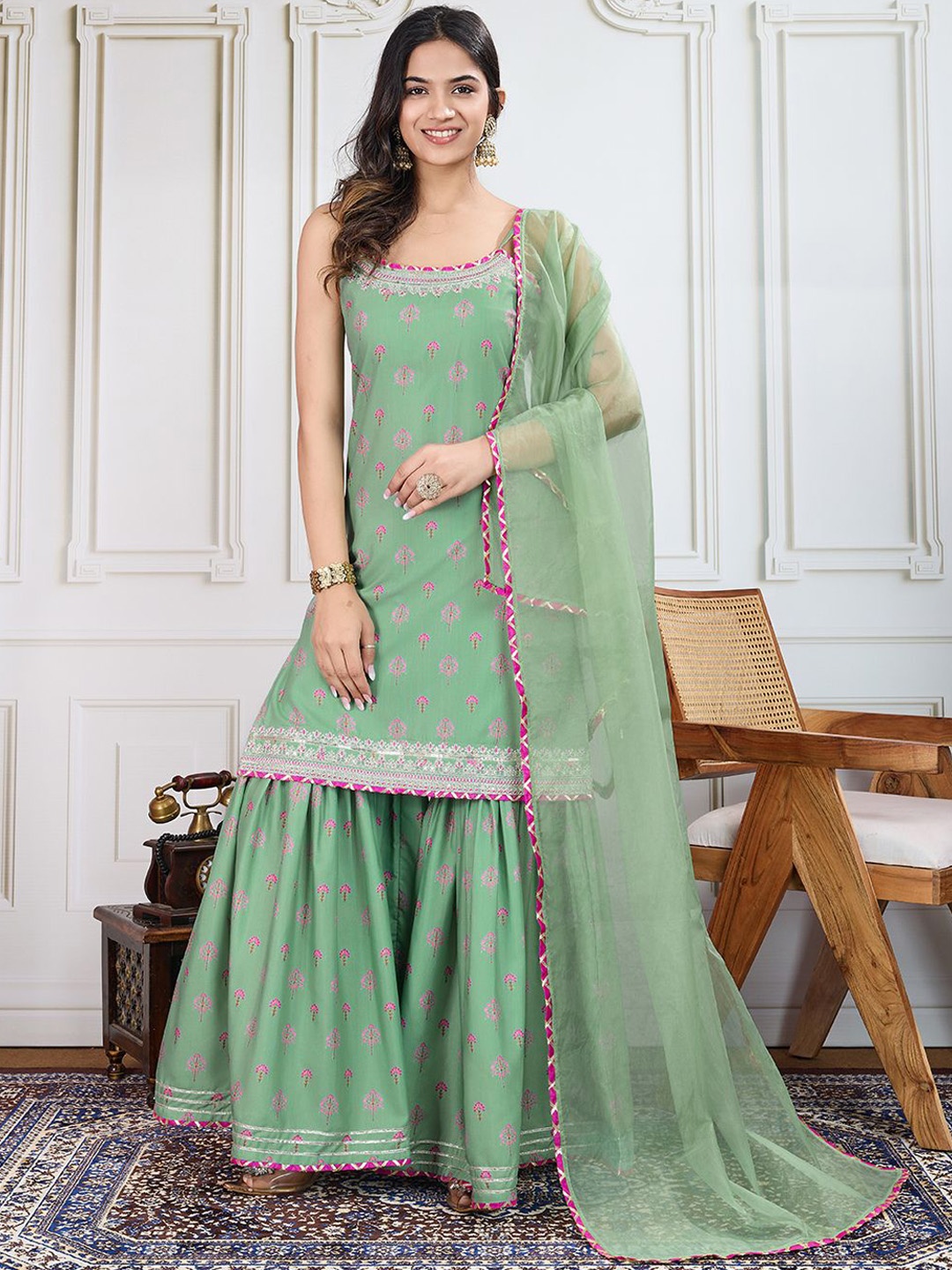 

House of Pataudi Printed Kurti Sharara With Dupatta, Green