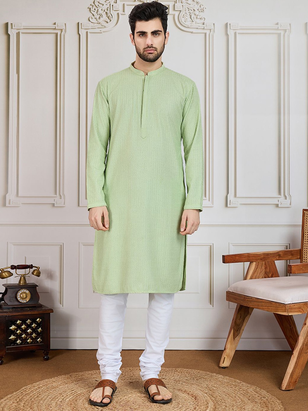 

House of Pataudi Embroidered Cotton Straight Kurta, Green