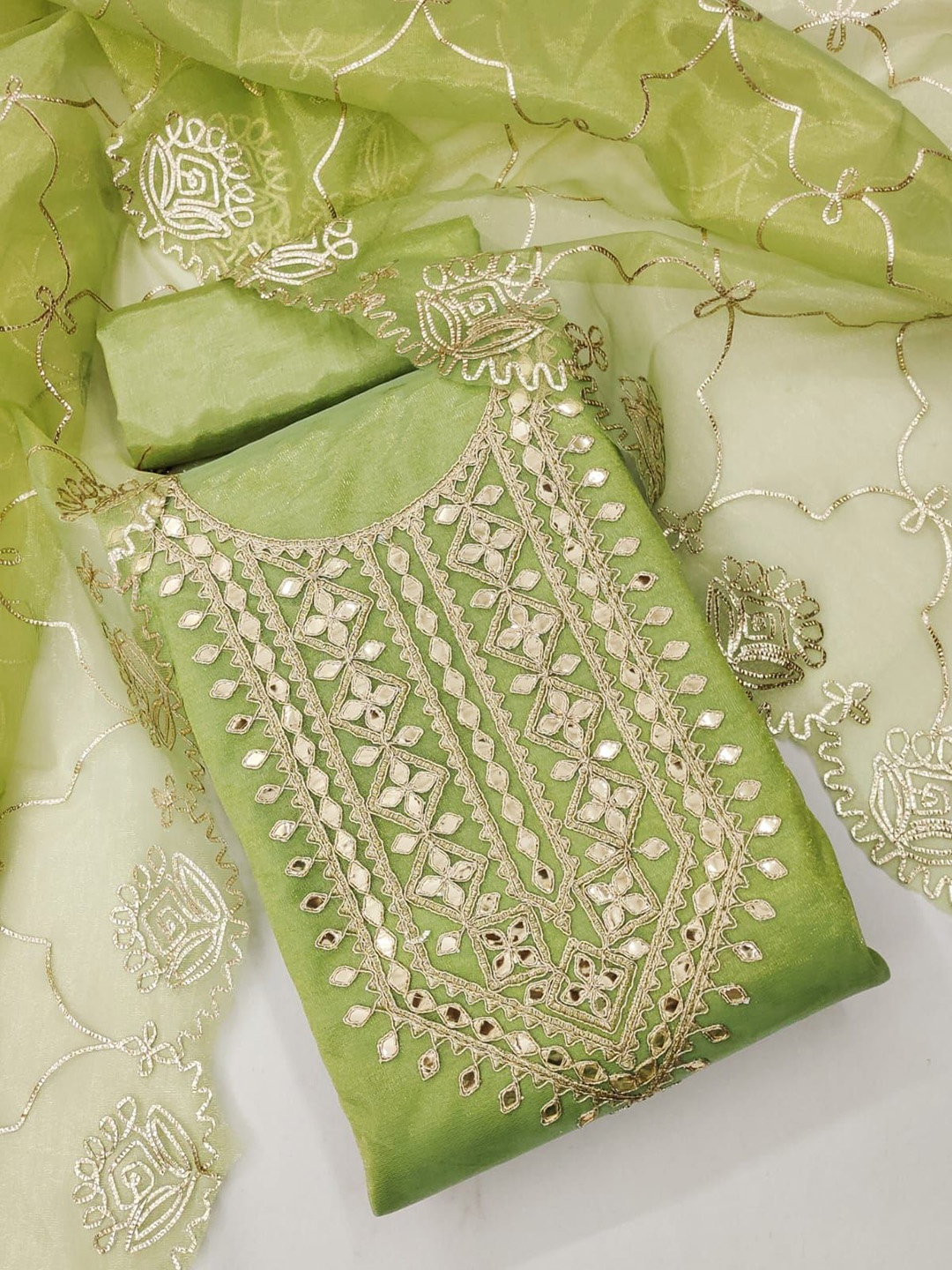 

BlissFlair Organza Unstitched Dress Material, Green