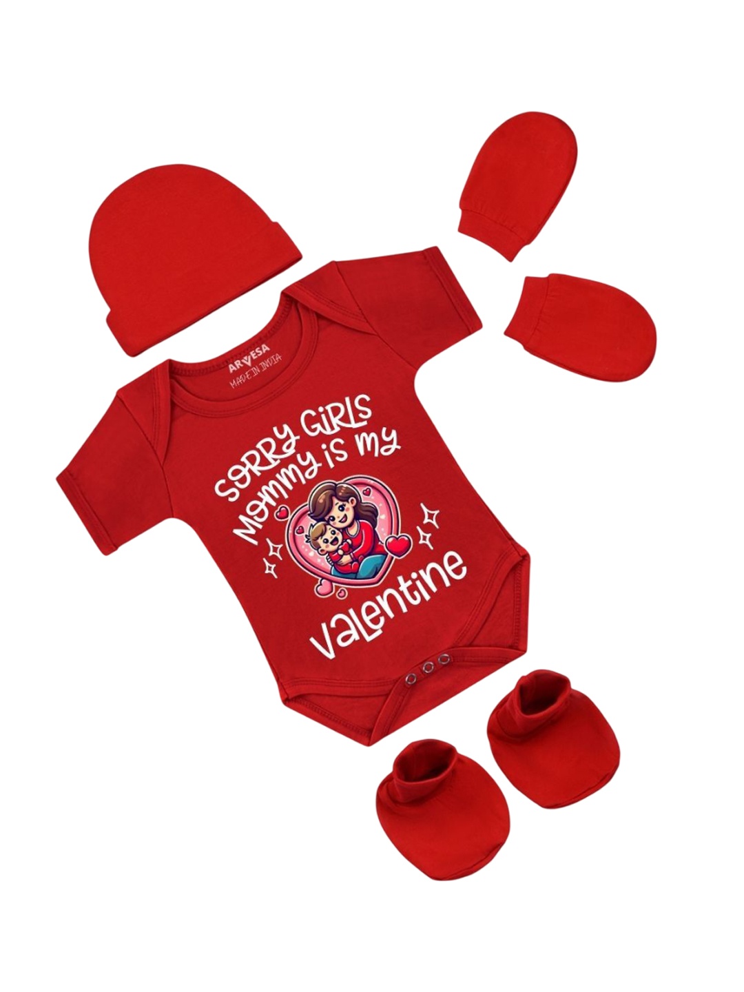 

Arvesa Infants Sorry girls Mommy My Valentine Printed Bodysuit with Cap Booties Mitten, Red