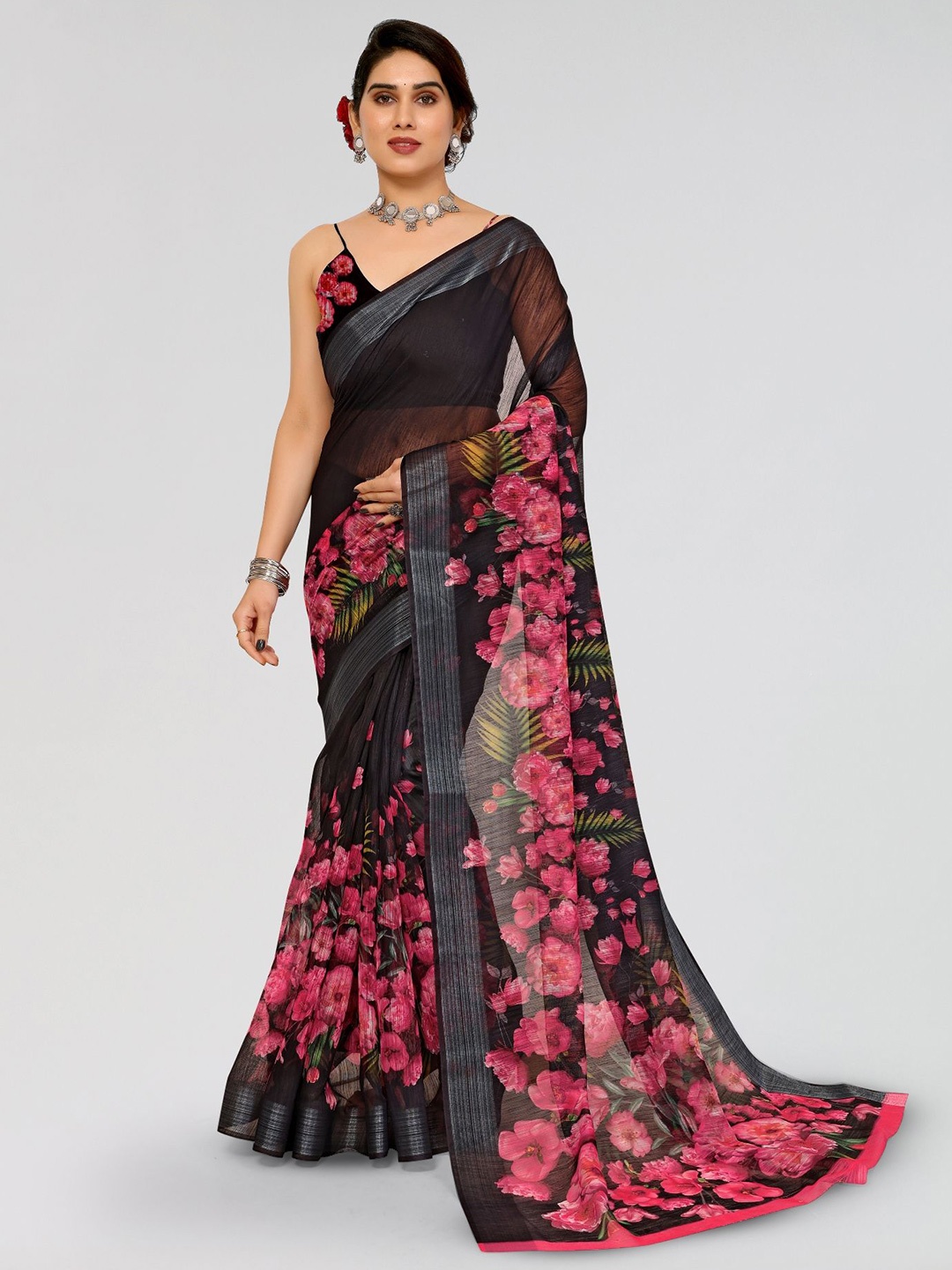 

Moda Rapido Floral Zari Saree, Black