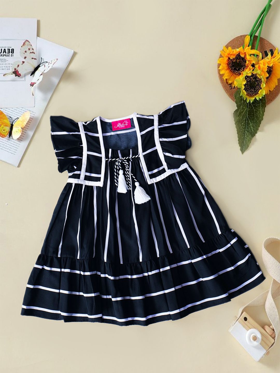 

pspeaches Striped Flutter Sleeve Crepe Fit & Flare Dress, Black