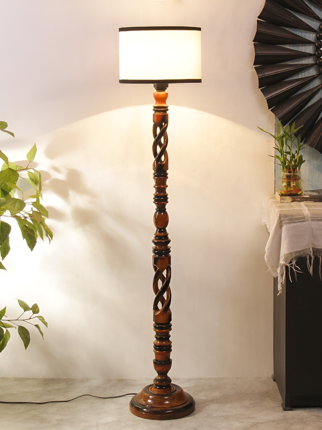 

Devansh White & Black Cotton Wooden Floor Lamp With Shade