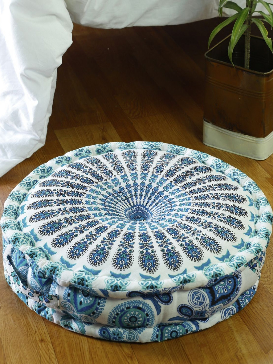 

HANDICRAFT PALACE Blue & White Mandala Printed Round Pure Cotton Floor Cushion