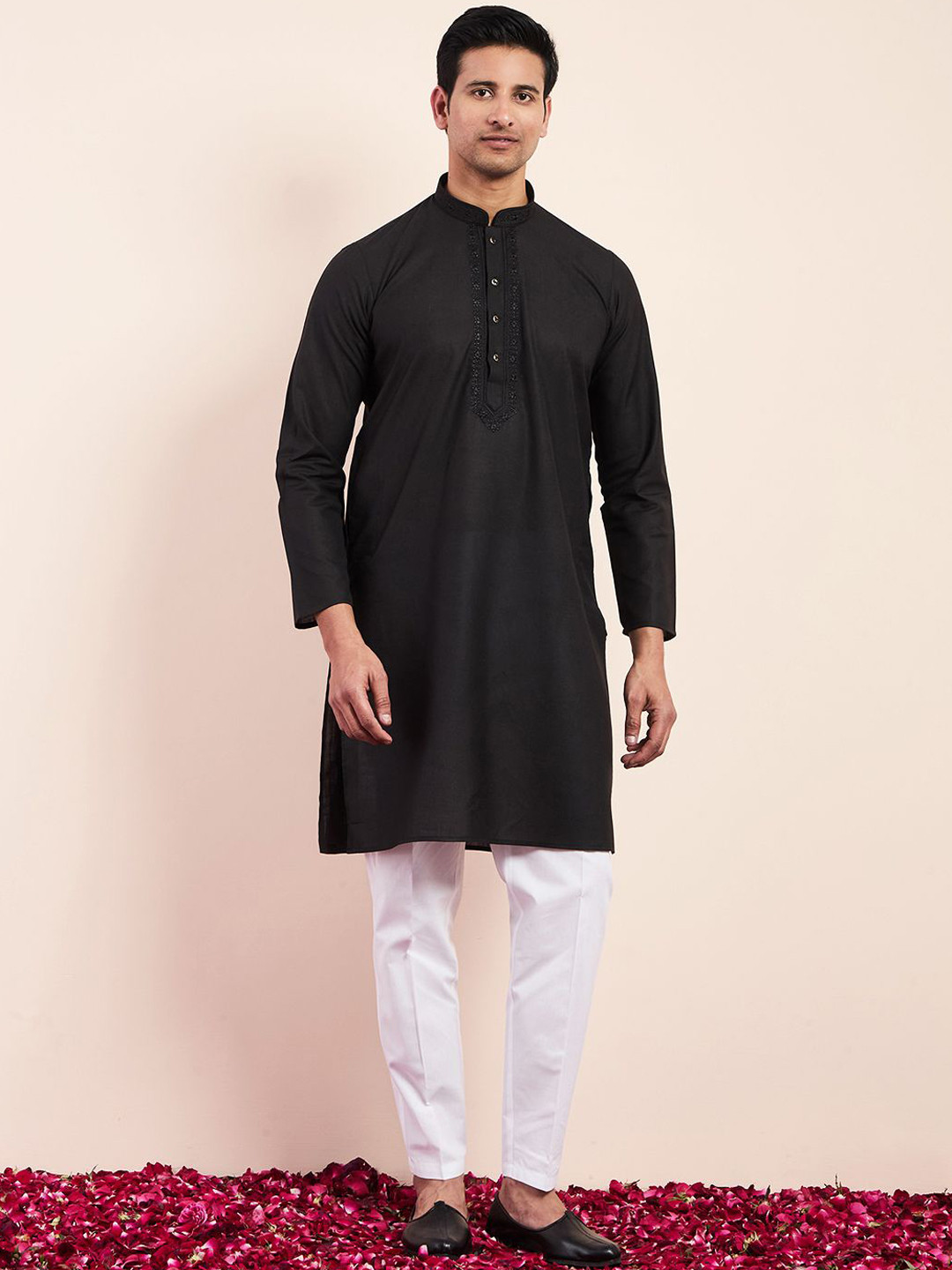 

Satwaa Yoke Design Mandarin Collar Thread Work Cotton Straight Kurta, Black