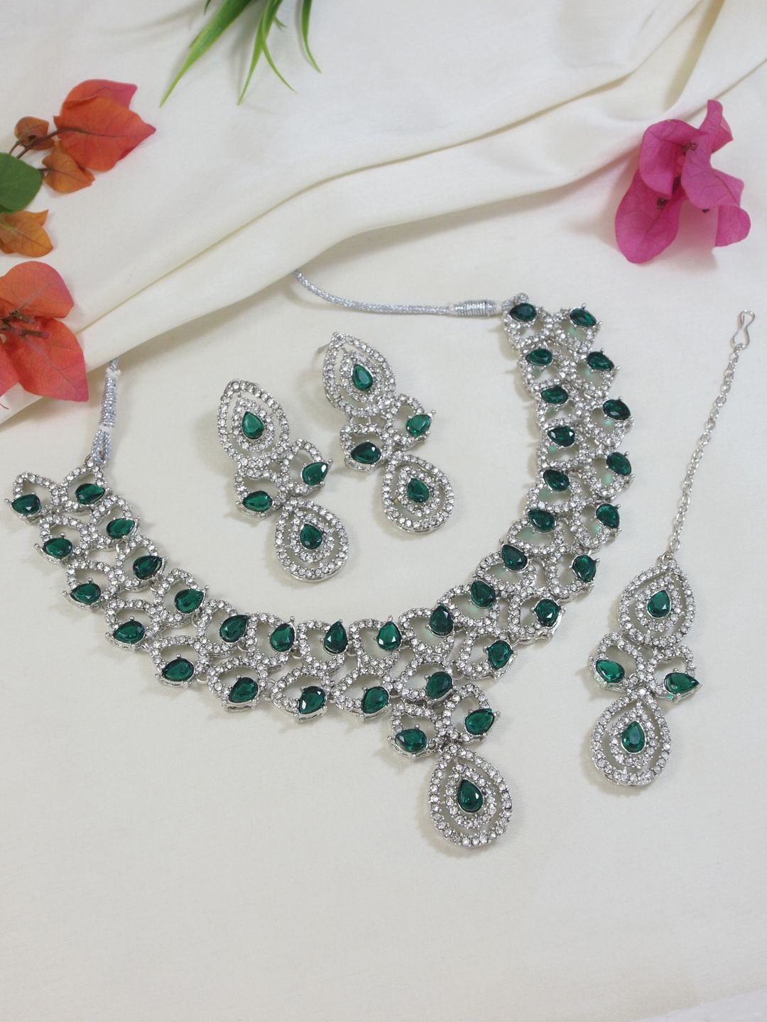 

I Jewels Silver Plated Stone Studded Jewellery Set