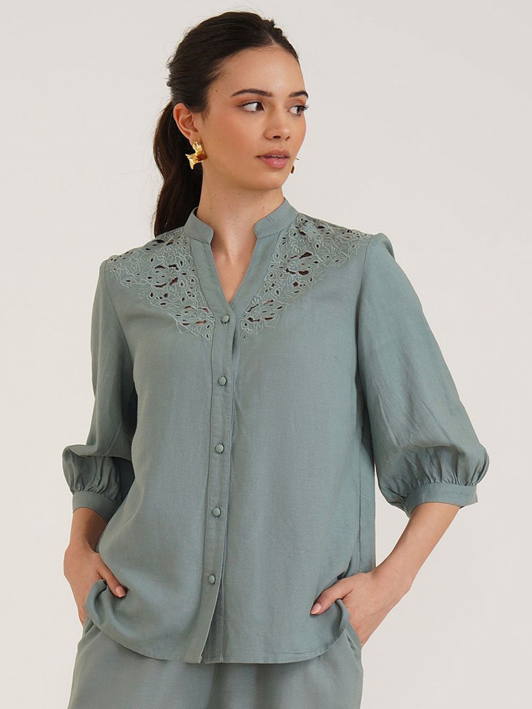 

B77 Embroidered Puff Sleeve Linen Shirt Dress, Blue