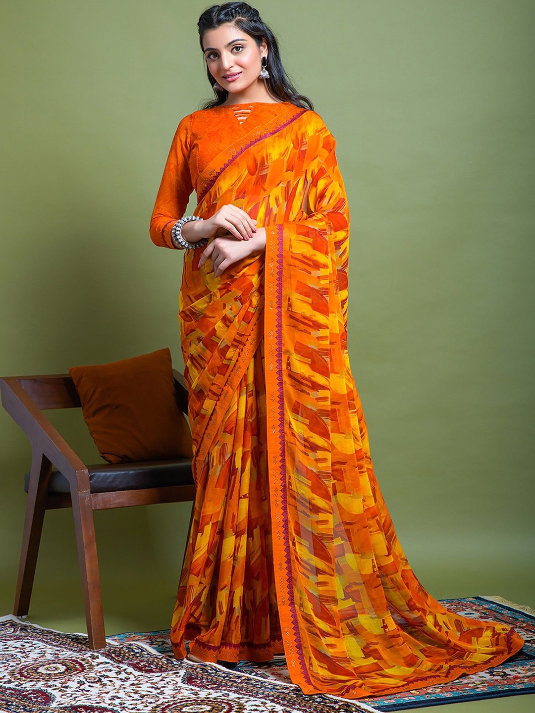 

LeeliPeeri Designer Poly Chiffon Saree, Orange