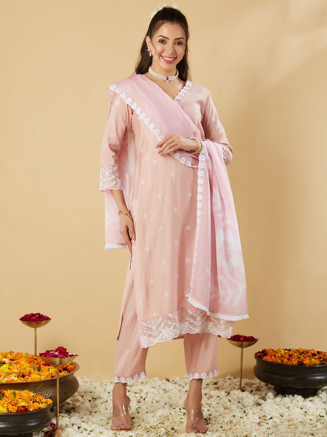 

Colors of Earth Women Floral Embroidered Regular Thread Work Kurta with Trousers & With Dupatta, Peach