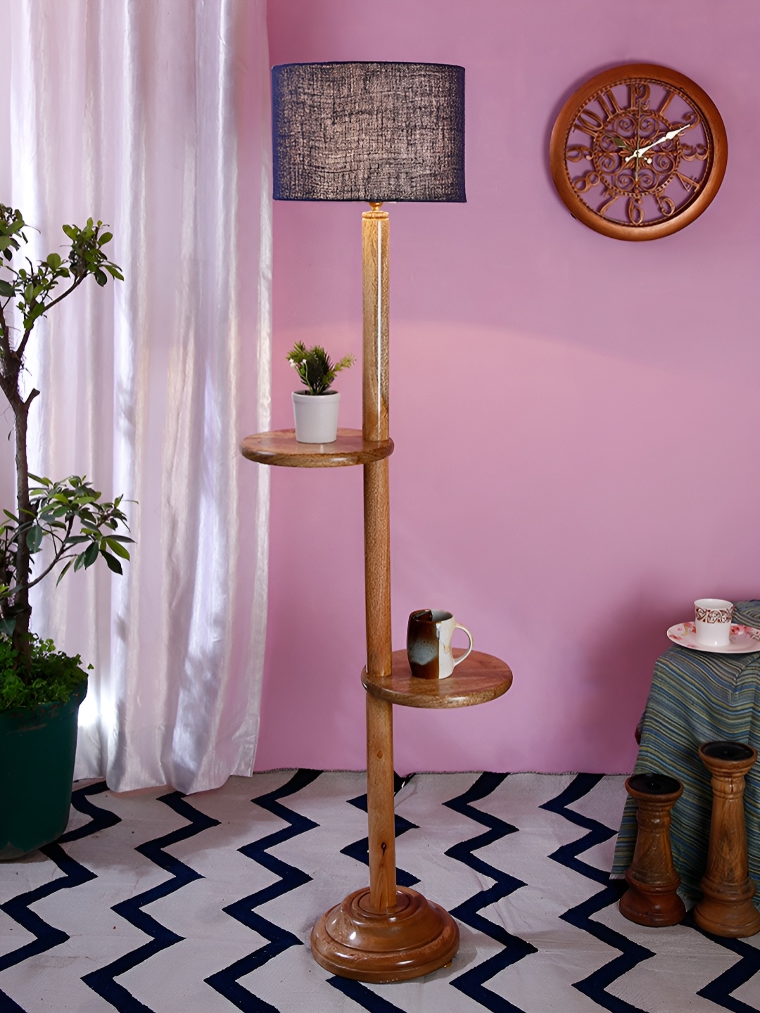 

Devansh Blue & Brown Cylinder Shaped Wooden Floor Lamp With Shelves