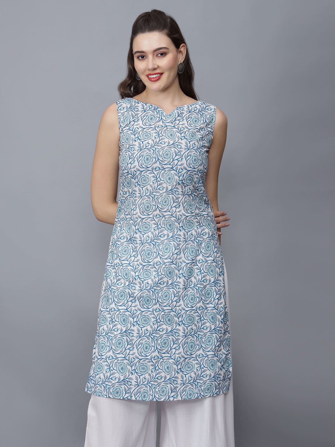 

ETRAANA Printed Pure Cotton V-Neck Kurta, Blue