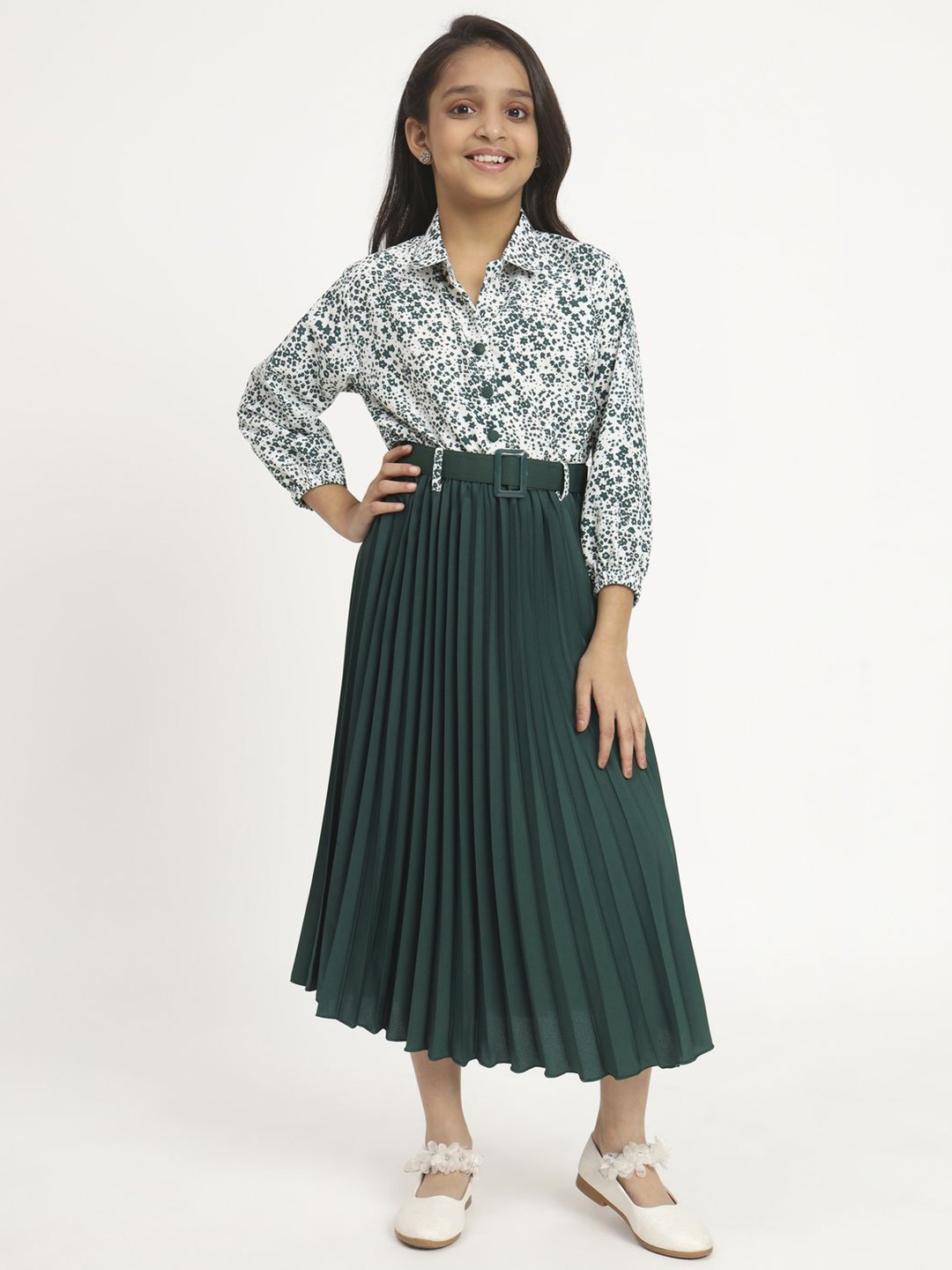 

OTABU Print Puff Sleeve Applique A-Line Midi Dress, Green