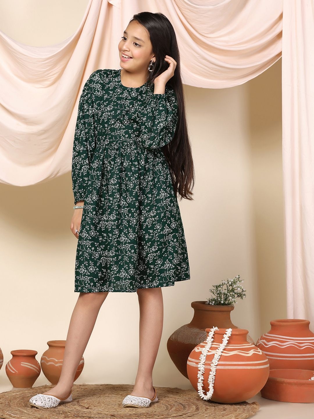 

YK Floral Print Puff Sleeve Fit & Flare Dress, Green