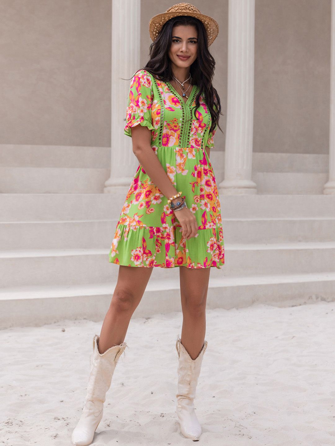 

JC Mode Floral A-Line Dress, Green