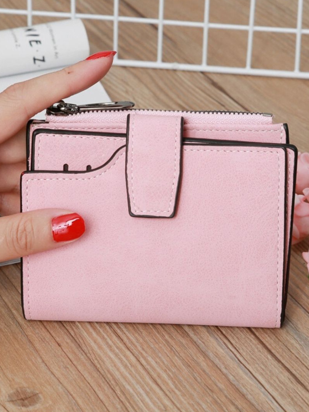 

ITALISH Women Zip Detail Leather Two Fold Wallet, Rose gold