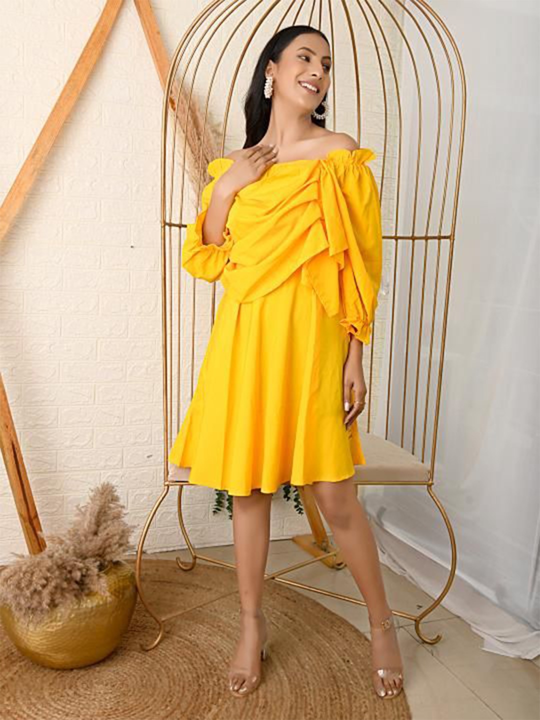 

RANJ Off-Shoulder Crepe A-Line Midi Dress, Yellow