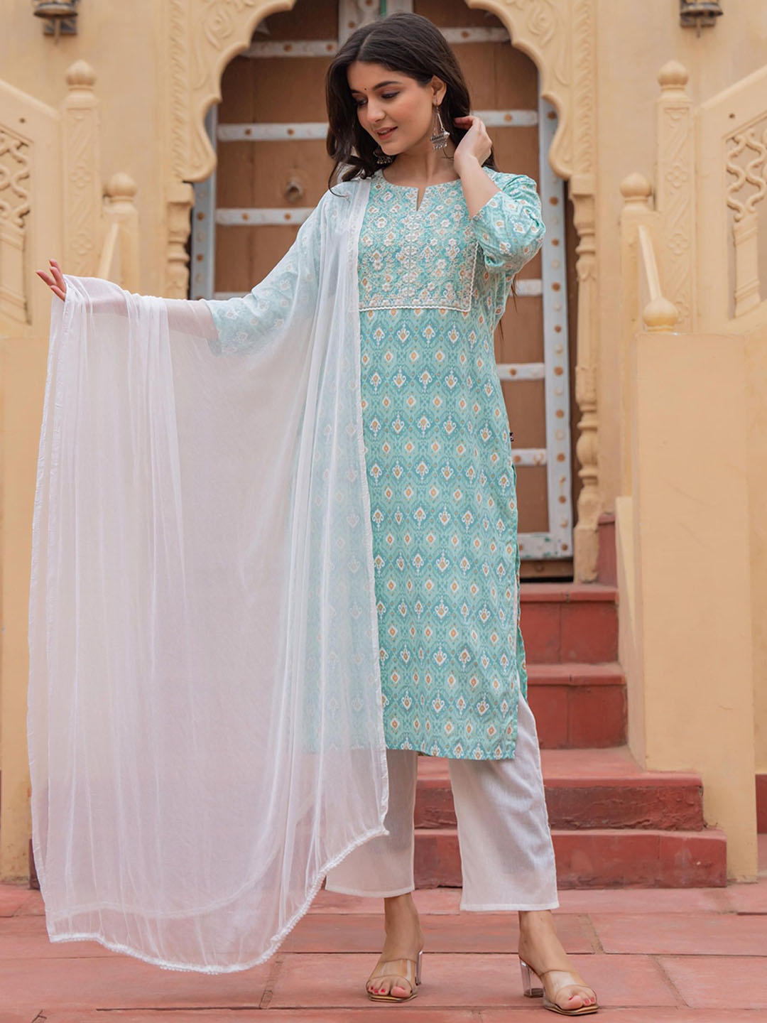 

Juniper Ethnic Motifs Printed Regular Thread Work Liva Kurta with Trousers & With Dupatta, Blue