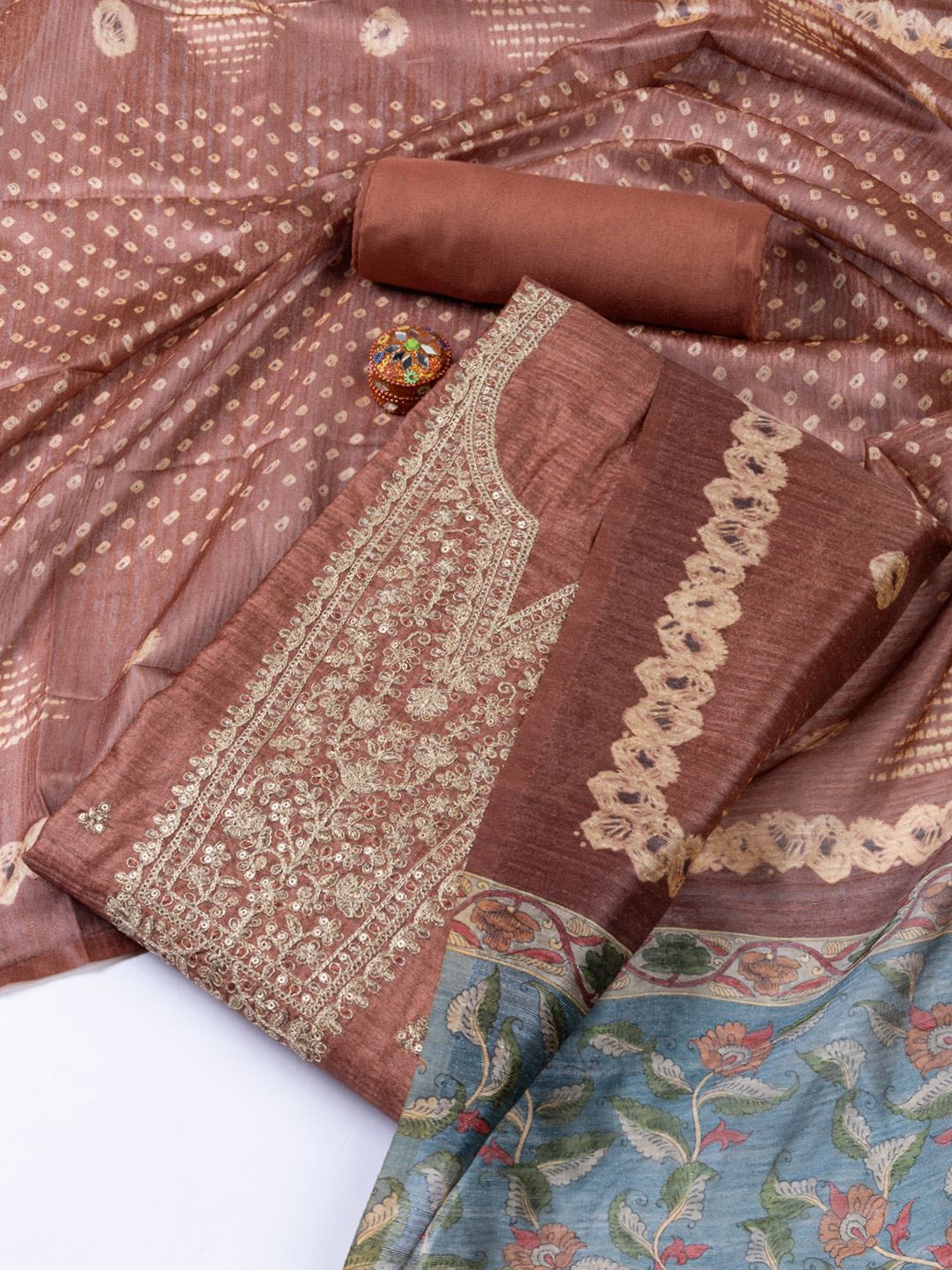 

Meena Bazaar Printed Unstitched Dress Material, Brown