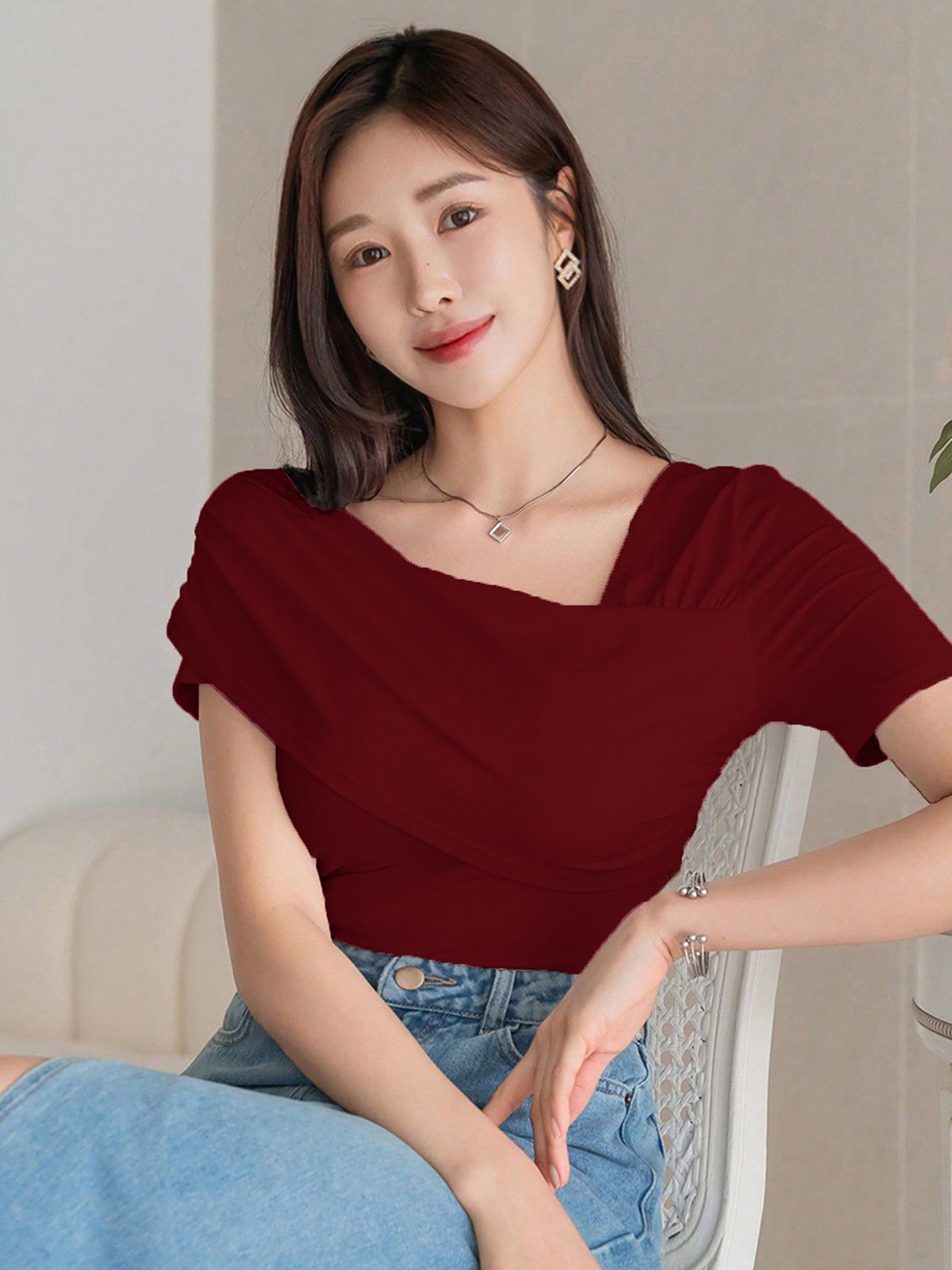 

Istyle Can One Shoulder Cold-Shoulder Top, Maroon