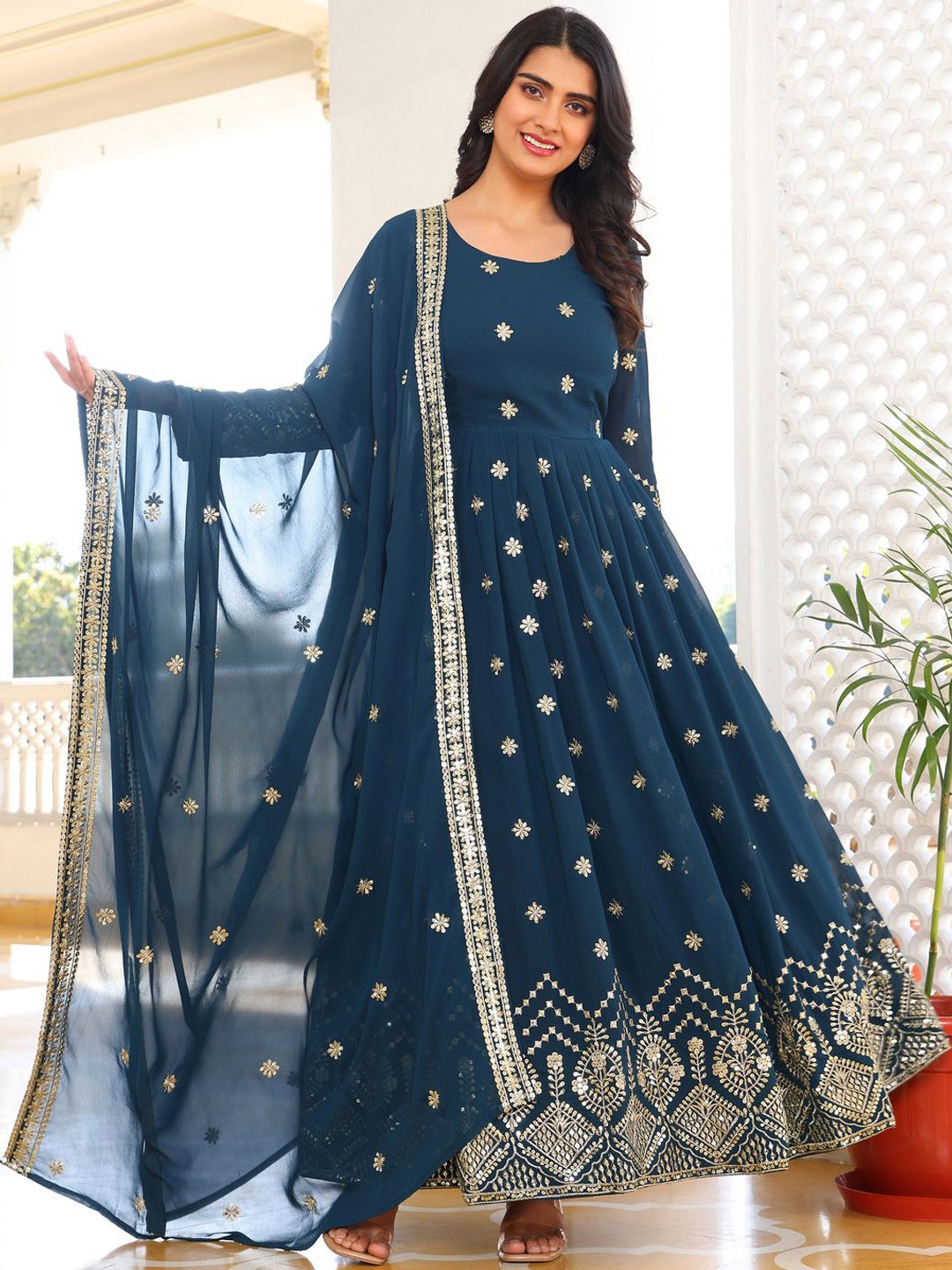 

Wedani Women Floral Embroidered Regular Sequinned Kurta with Trousers & With Dupatta, Turquoise blue