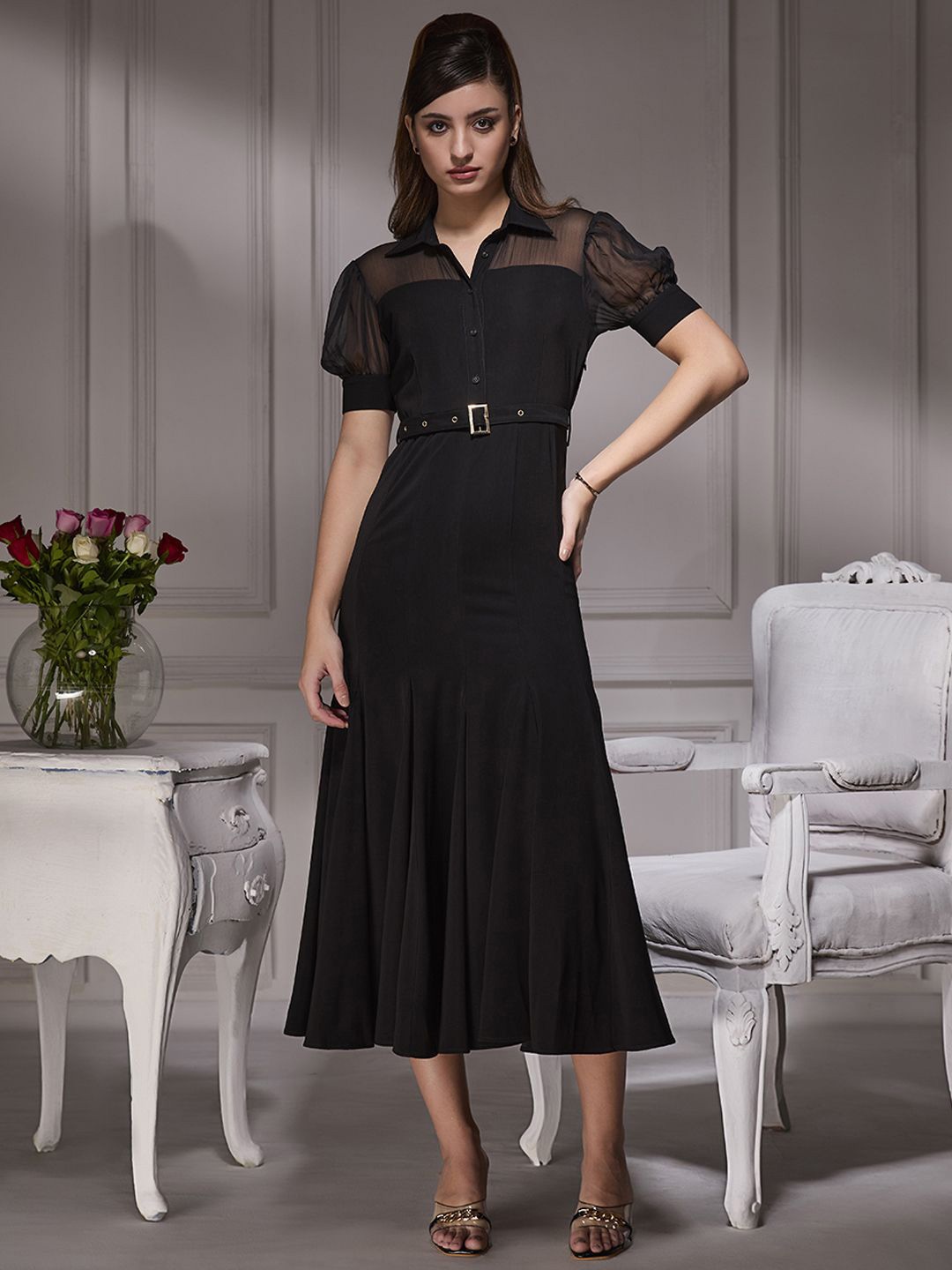 

TORSHA Puff Sleeve A-Line Midi Dress, Black