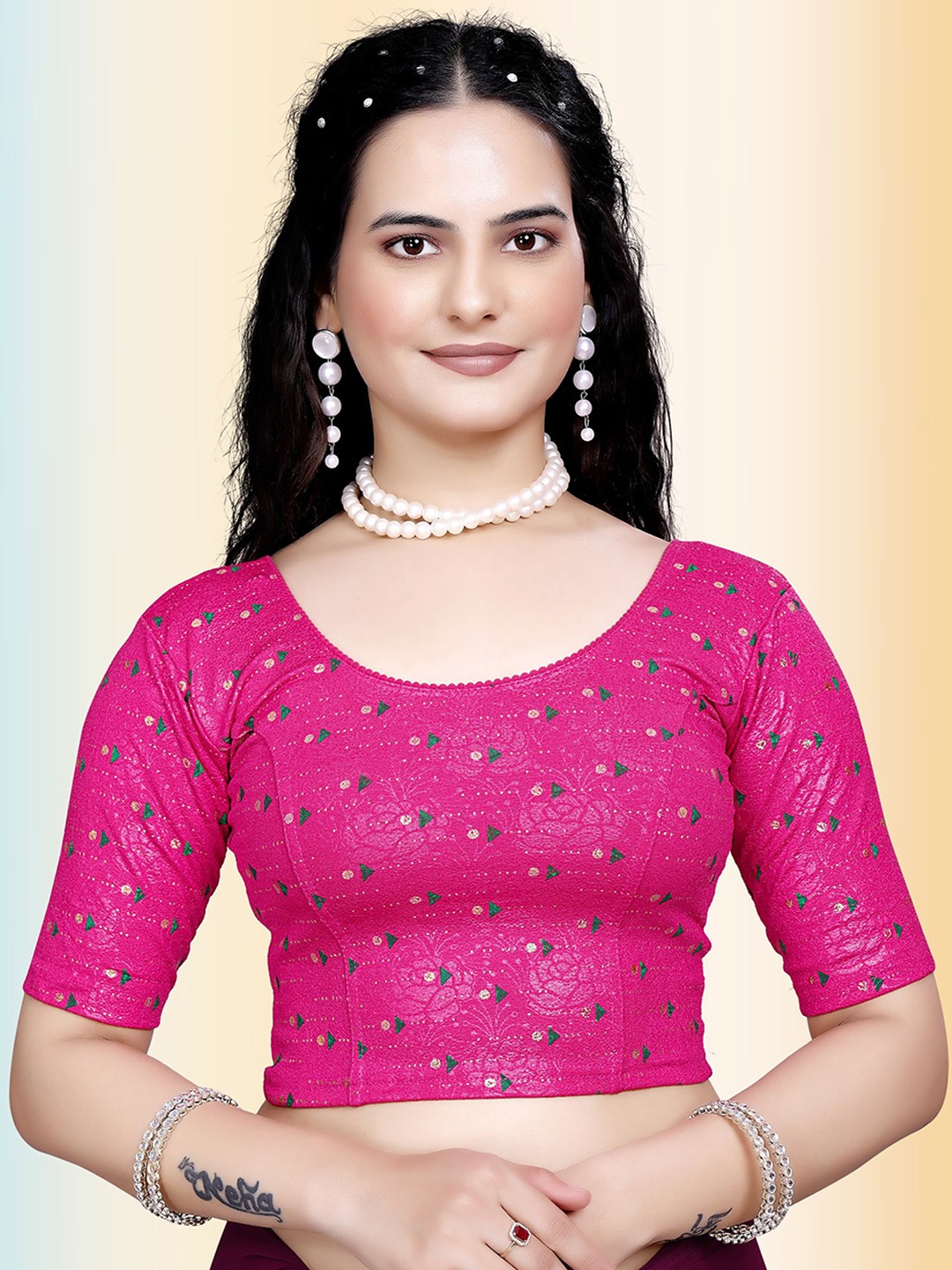 

TANISHM FEB TEX Printed Cotton Saree Blouse, Pink