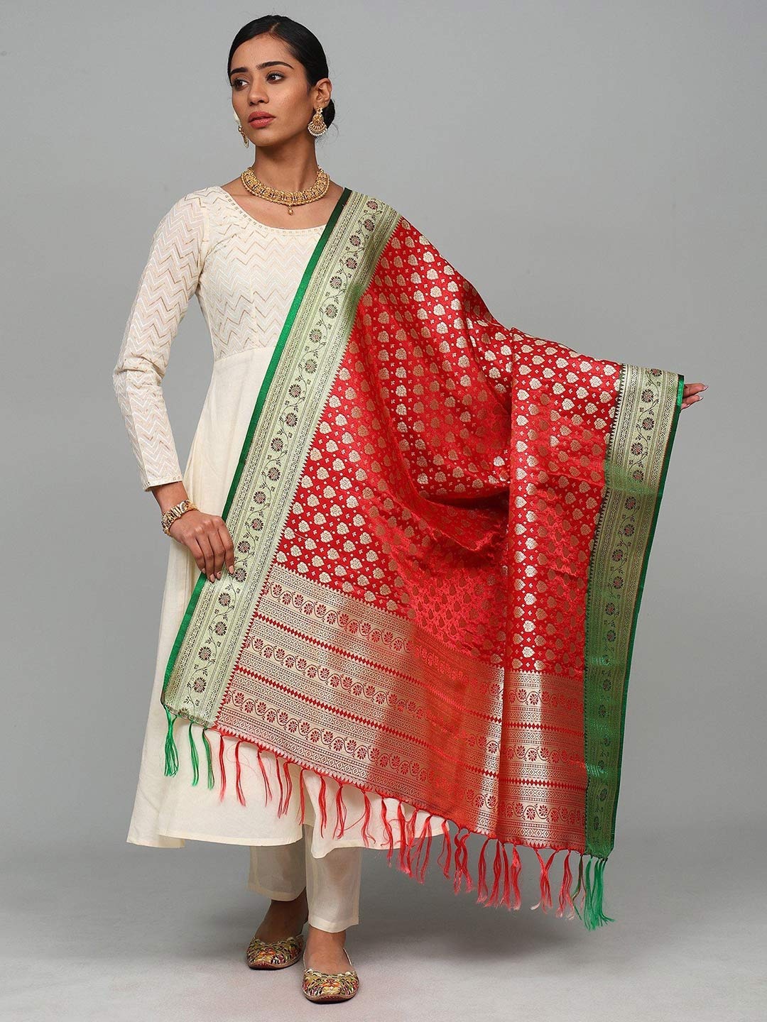 

Exotic India Woven Design Art Silk Dupatta with Zari, Red