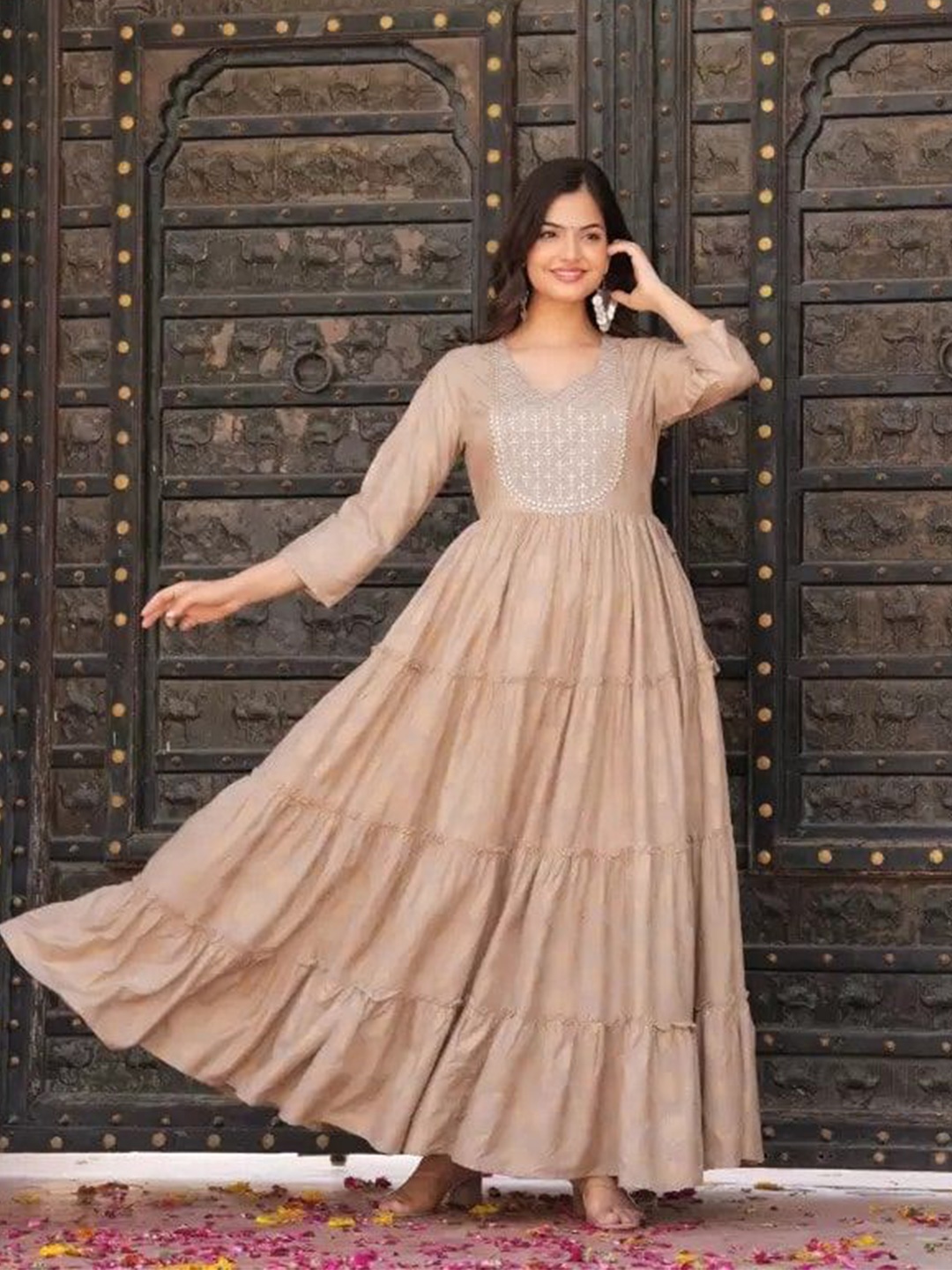 

Aimca Embroidered Fit & Flared Maxi Dress, Cream