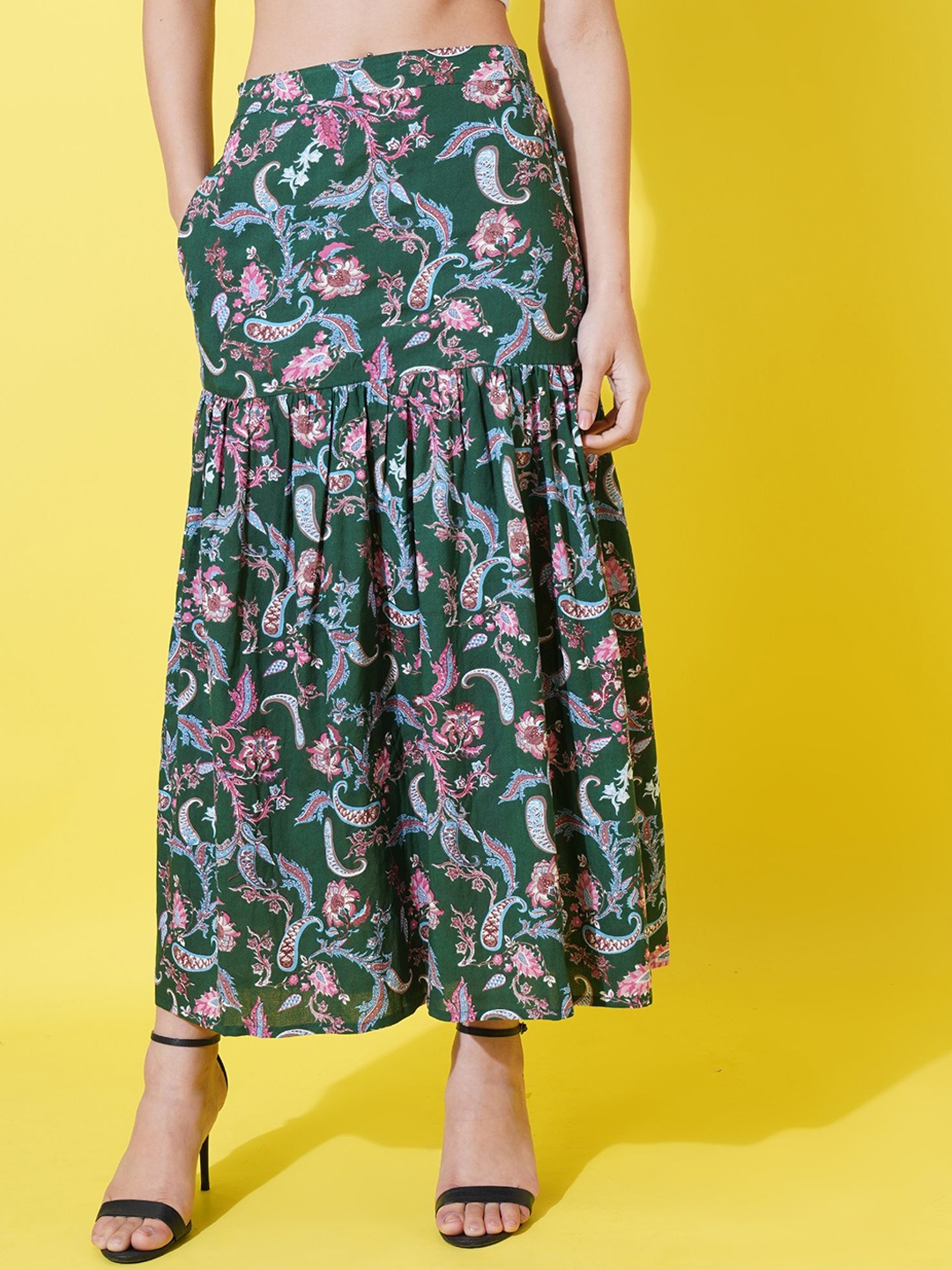 

GUDWEARS Floral Printed Flared Maxi Skirt, Green