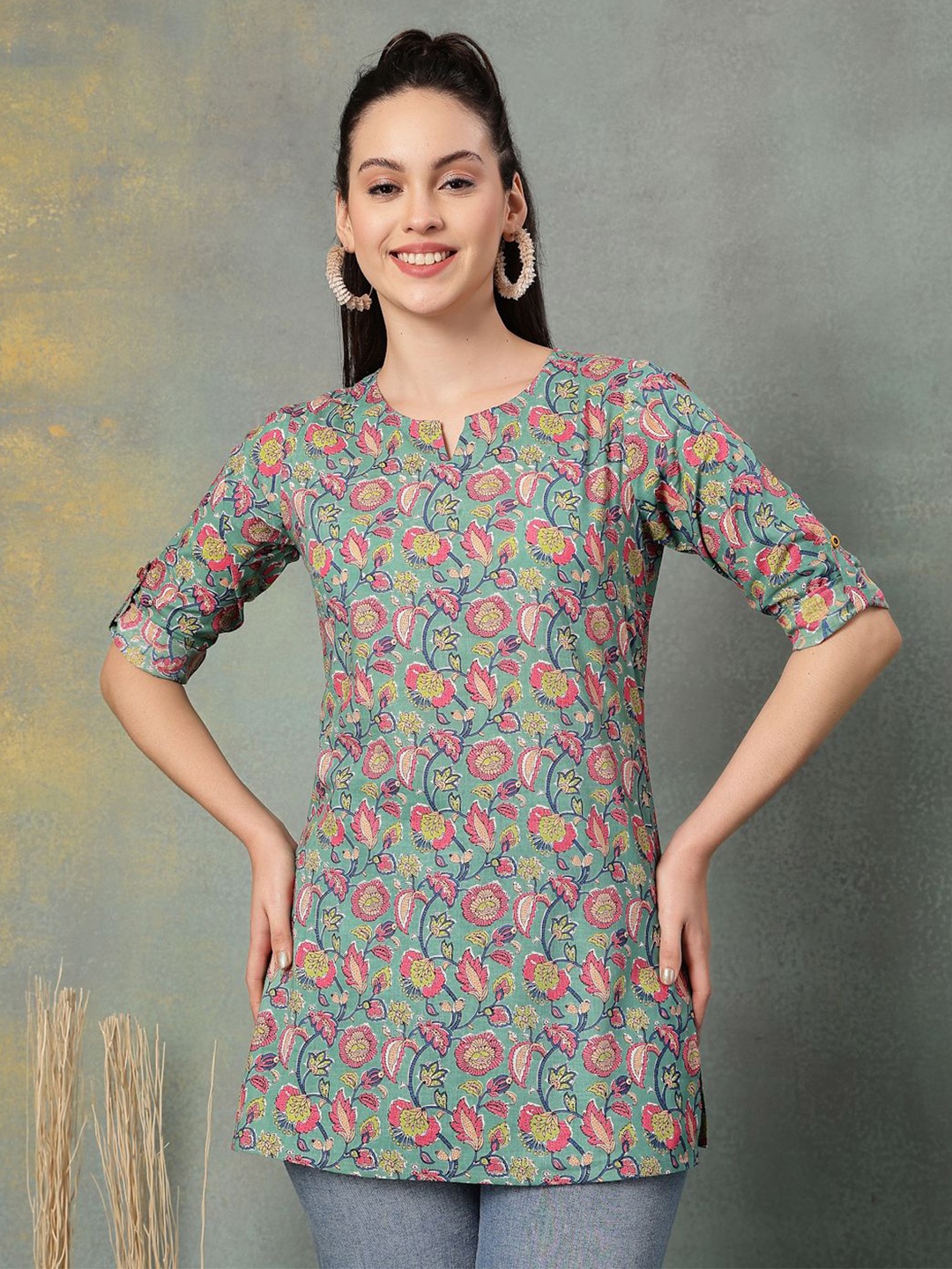 

God Bless Floral Printed Pure Cotton Kurti, Green