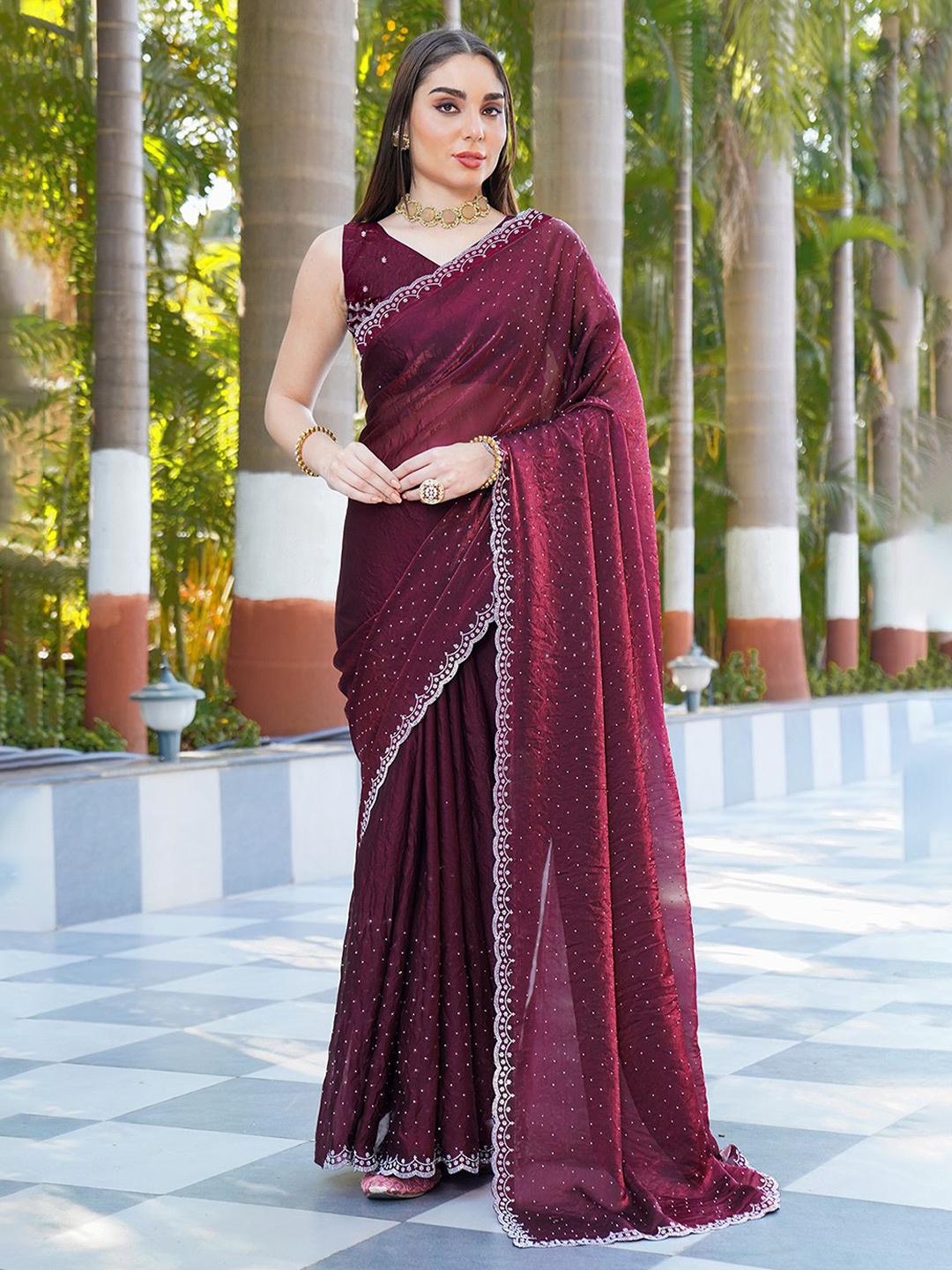 

NIRMAL CREATION Embellished Beads and Stones Satin Saree, Maroon